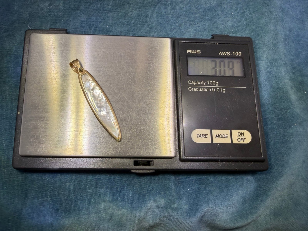 14k Gold 3D Surf Board Pendant w Fins. Mother of Pearl. 1.7" *Video*
