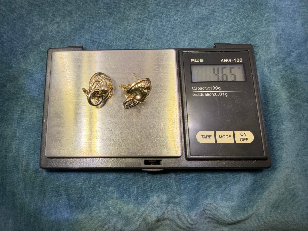 14k Gold Lion's Head 3-D Earrings. Door Knocker. Omega Back. Rare!