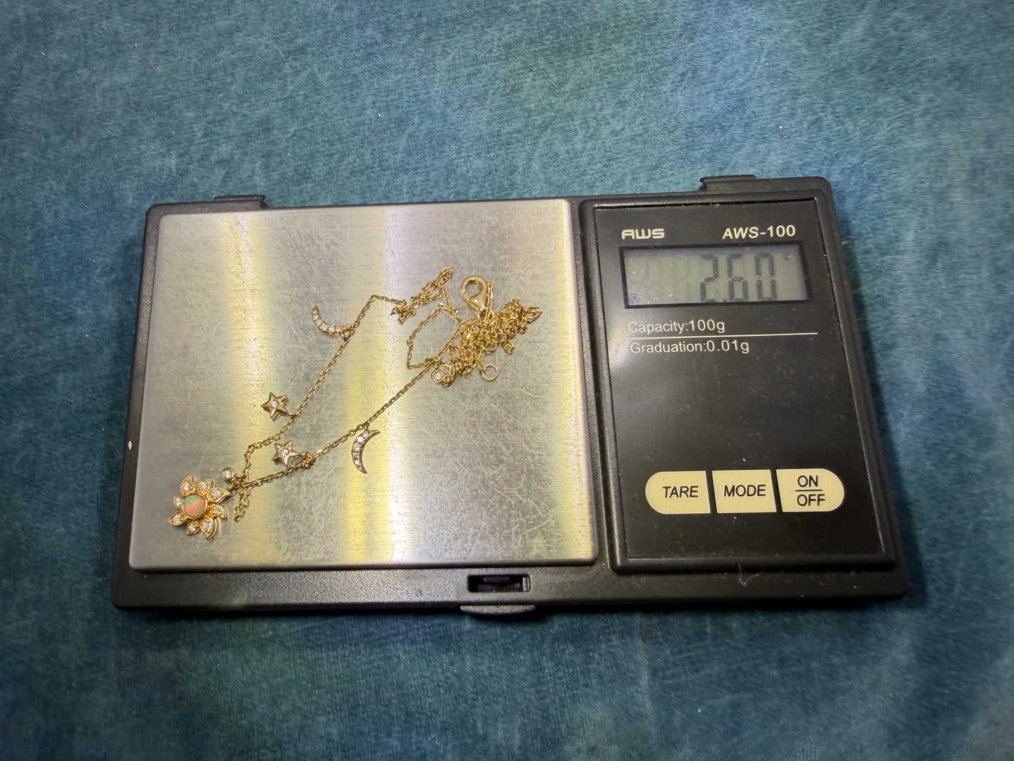 10k Gold Diamond + Opal Sun Moon Stars Pendants on 10k Necklace. TINY