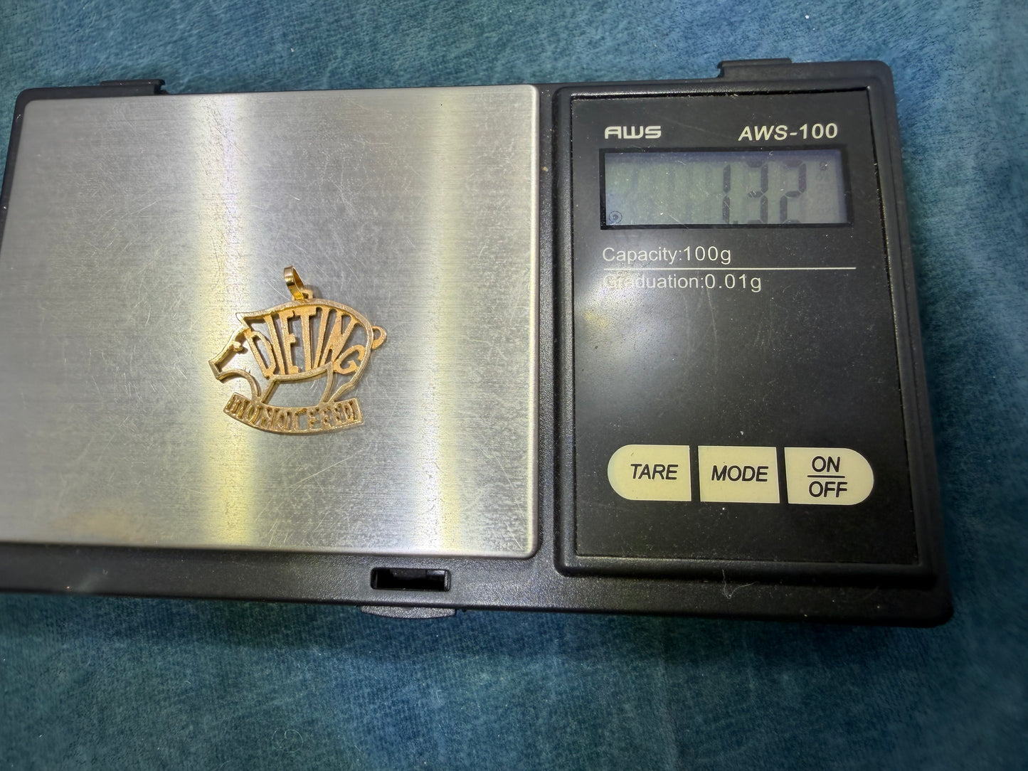 10k Yellow Gold Funny Pig Cut-Out Pendant. "DIETING - Do Not Feed"