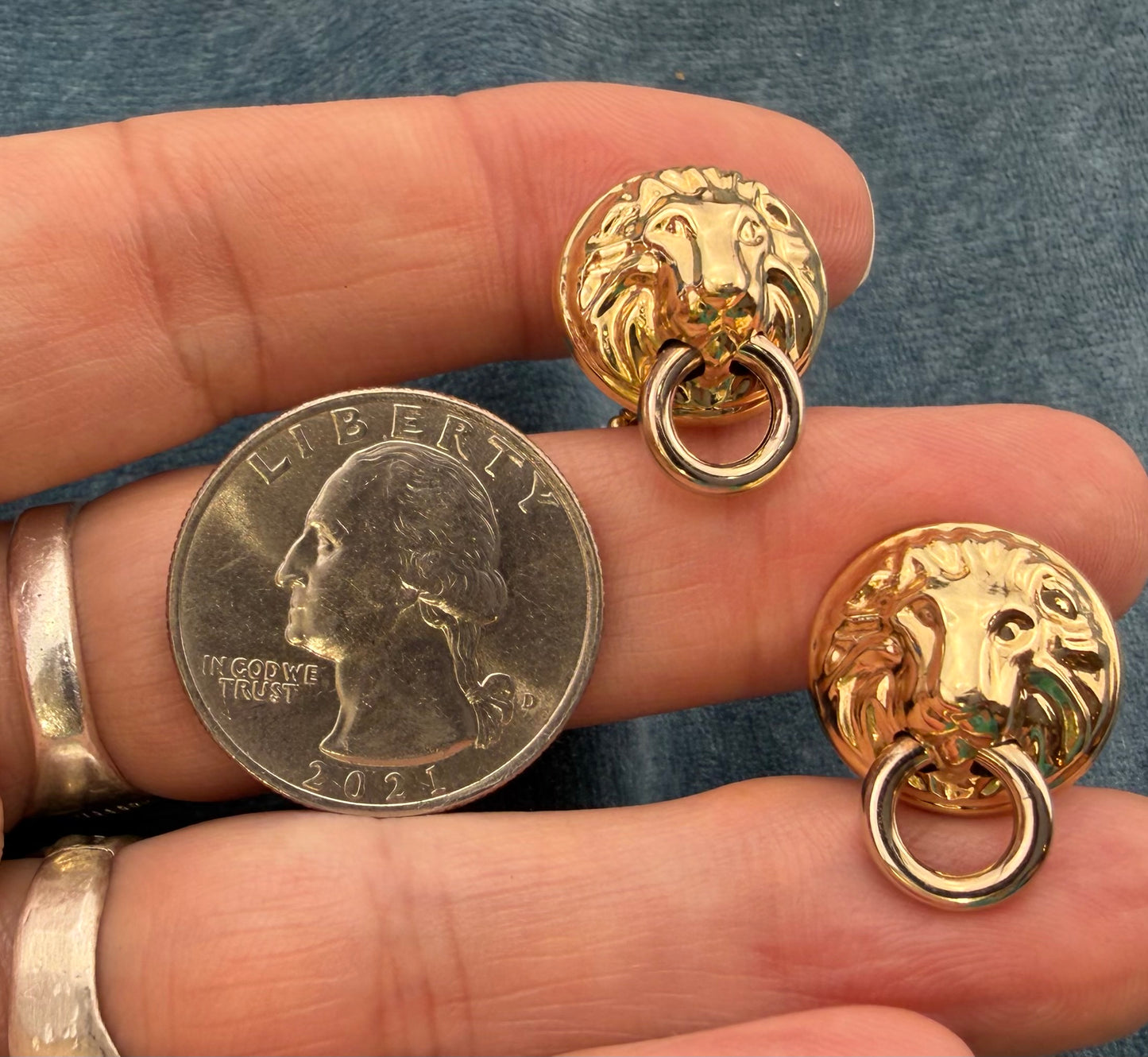 14k Gold Lion's Head 3-D Earrings. Door Knocker. Omega Back. Rare!