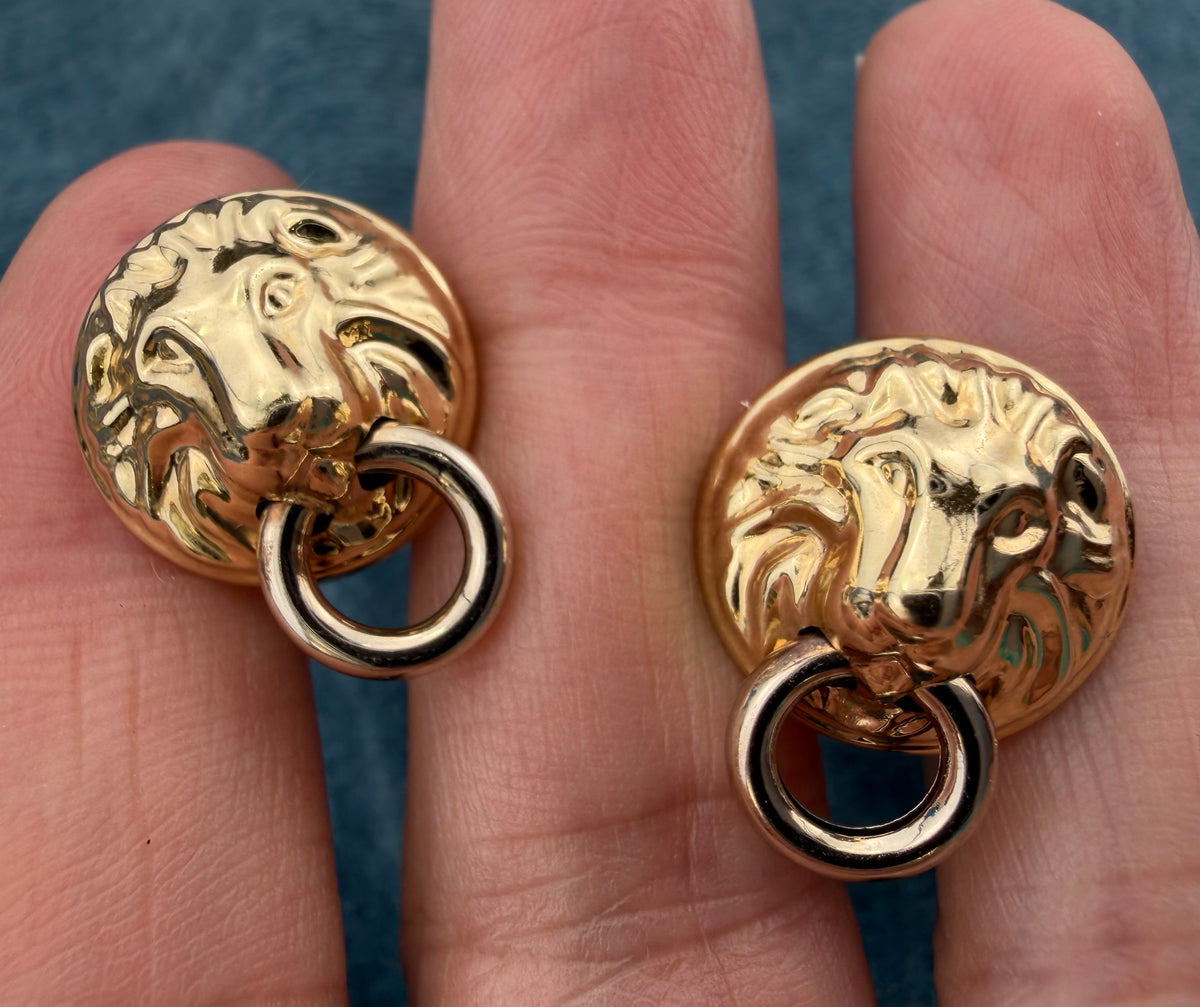 14k Gold Lion's Head 3-D Earrings. Door Knocker. Omega Back. Rare!