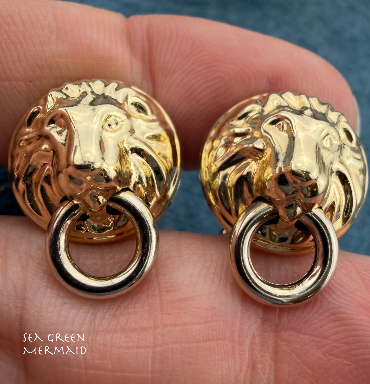 14k Gold Lion's Head 3-D Earrings. Door Knocker. Omega Back. Rare!