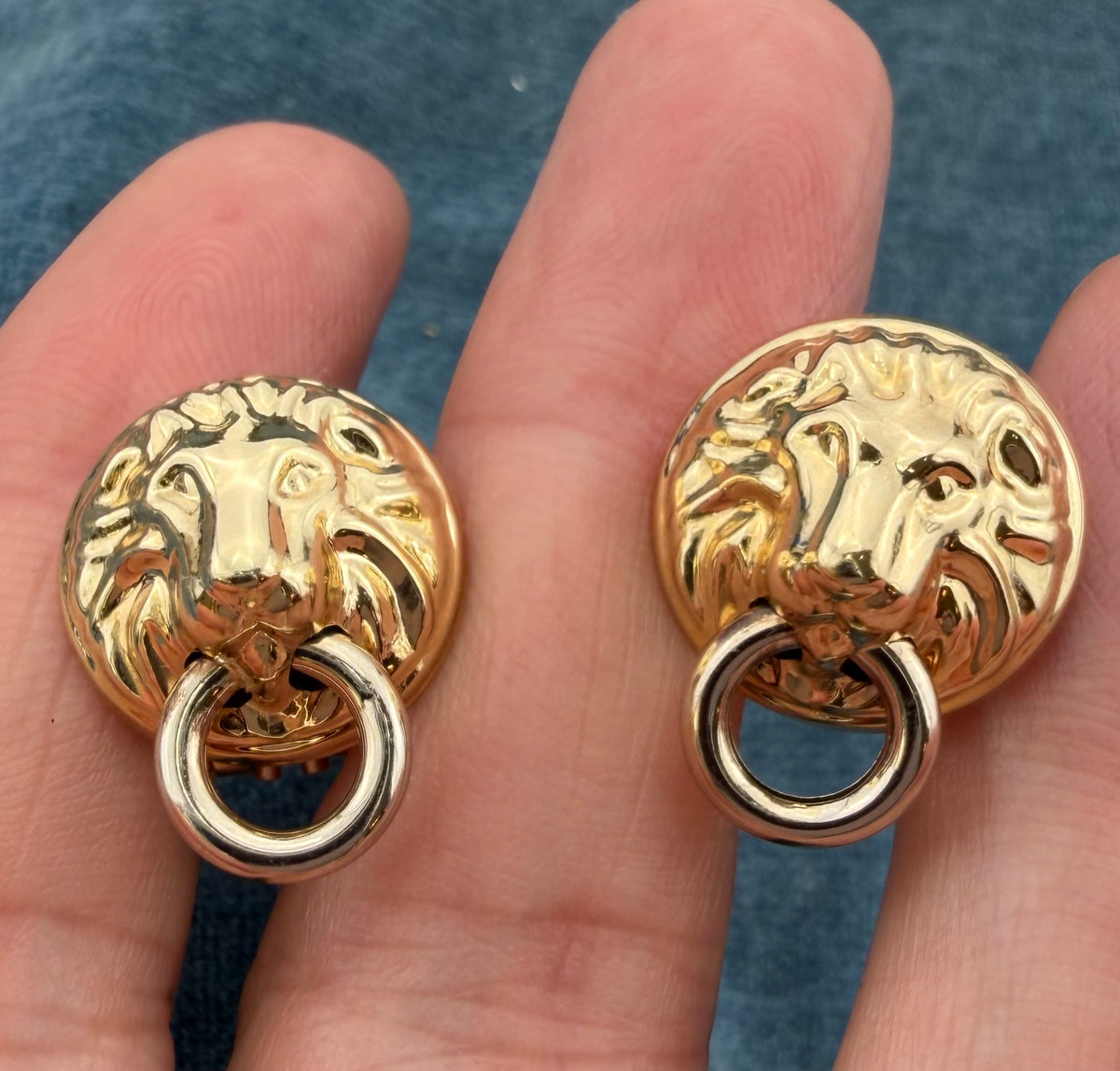 14k Gold Lion's Head 3-D Earrings. Door Knocker. Omega Back. Rare!
