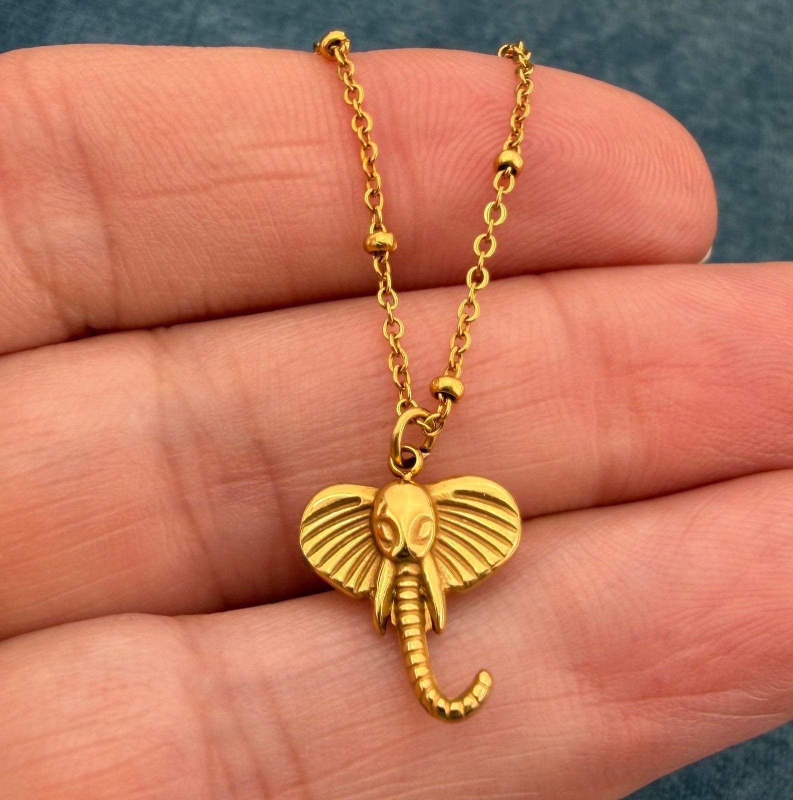 18k Yellow Gold Elephant Head Pendant w 18k Chain Necklace