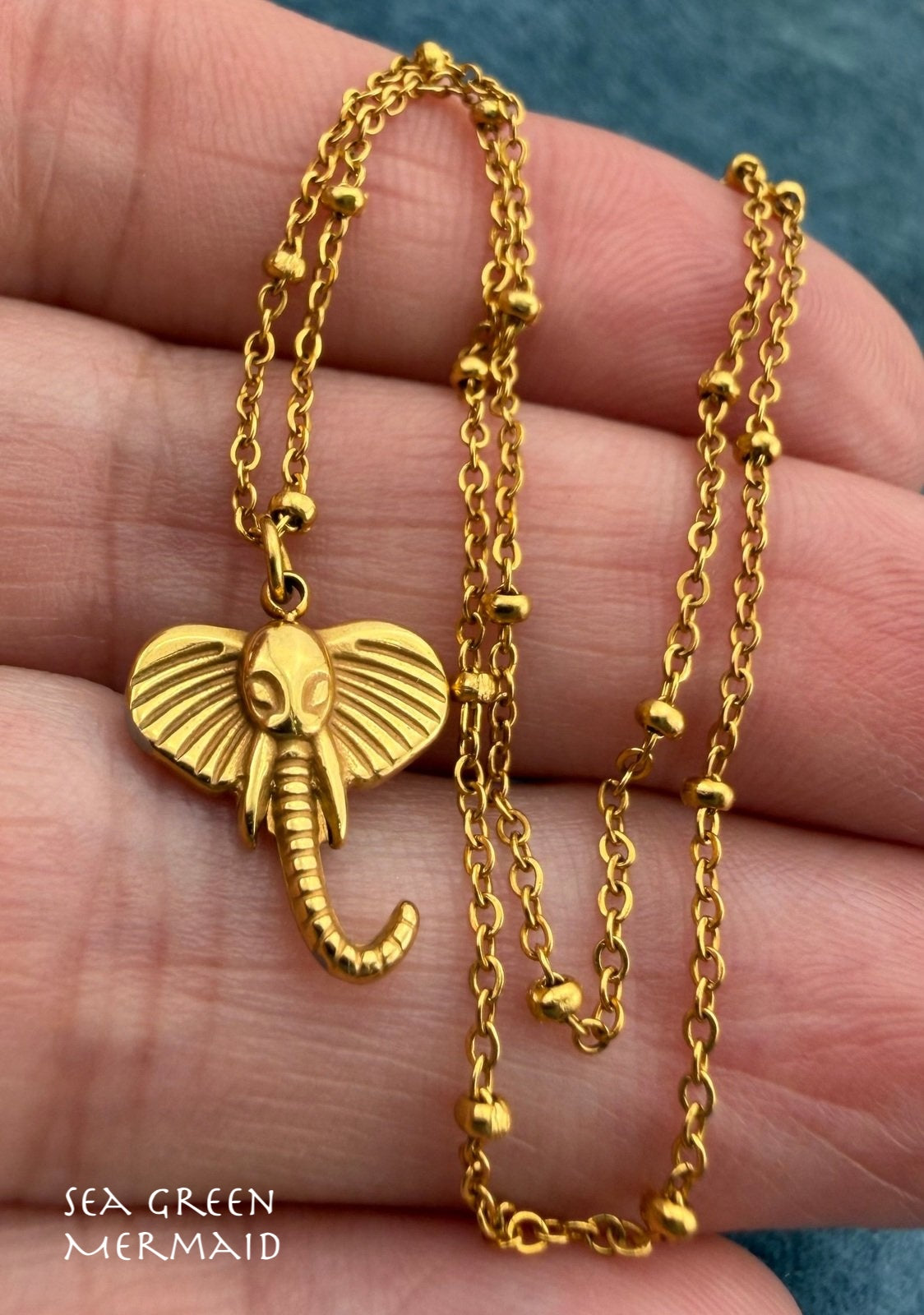 18k Yellow Gold Elephant Head Pendant w 18k Chain Necklace