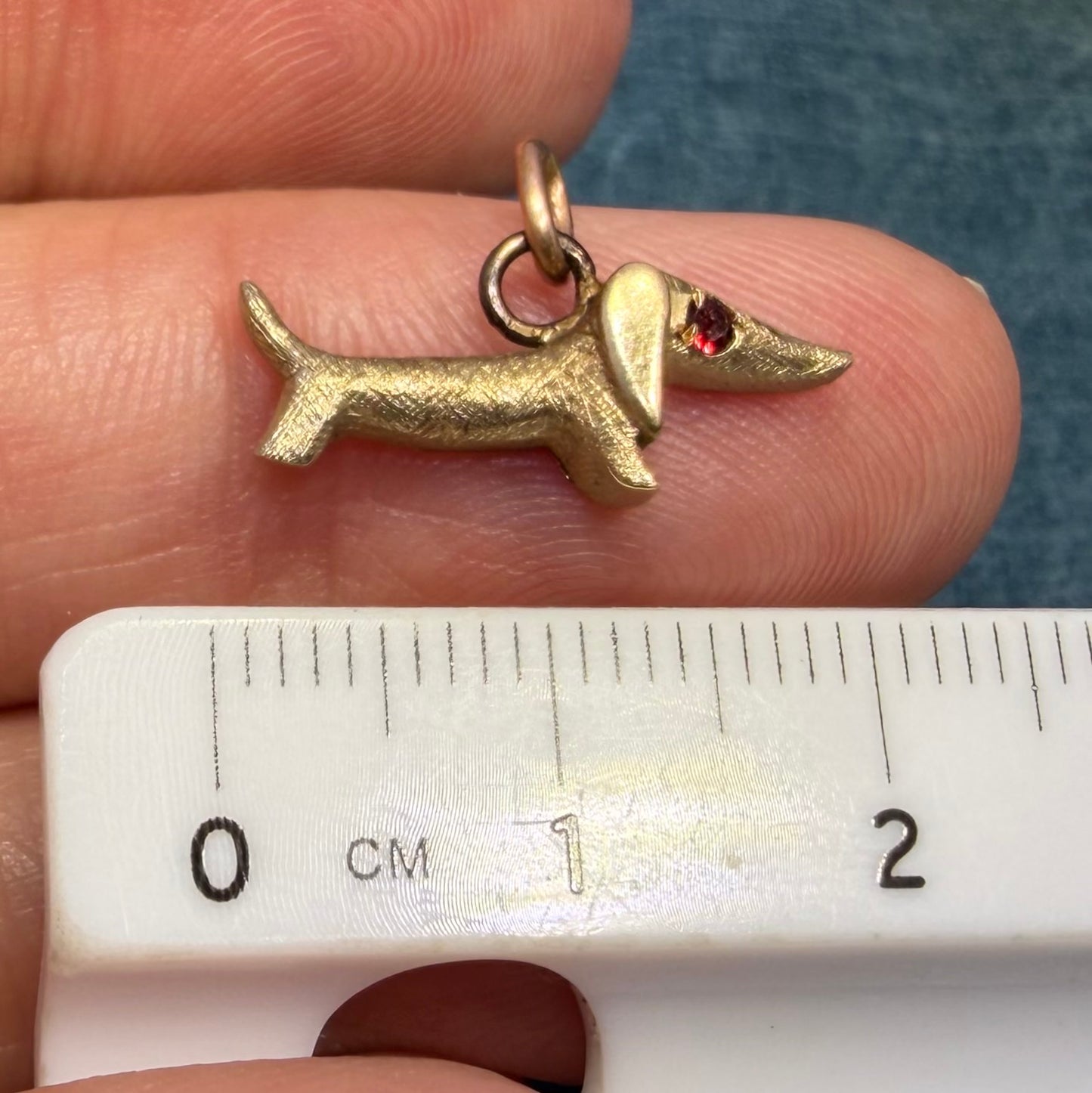 14k Yellow Gold Dachshund Wiener Dog Charm Pendant. 1950s Kitsch Cartoonish