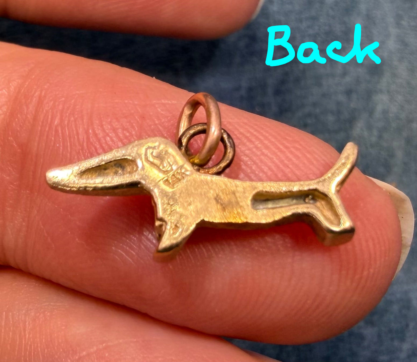 14k Yellow Gold Dachshund Wiener Dog Charm Pendant. 1950s Kitsch Cartoonish