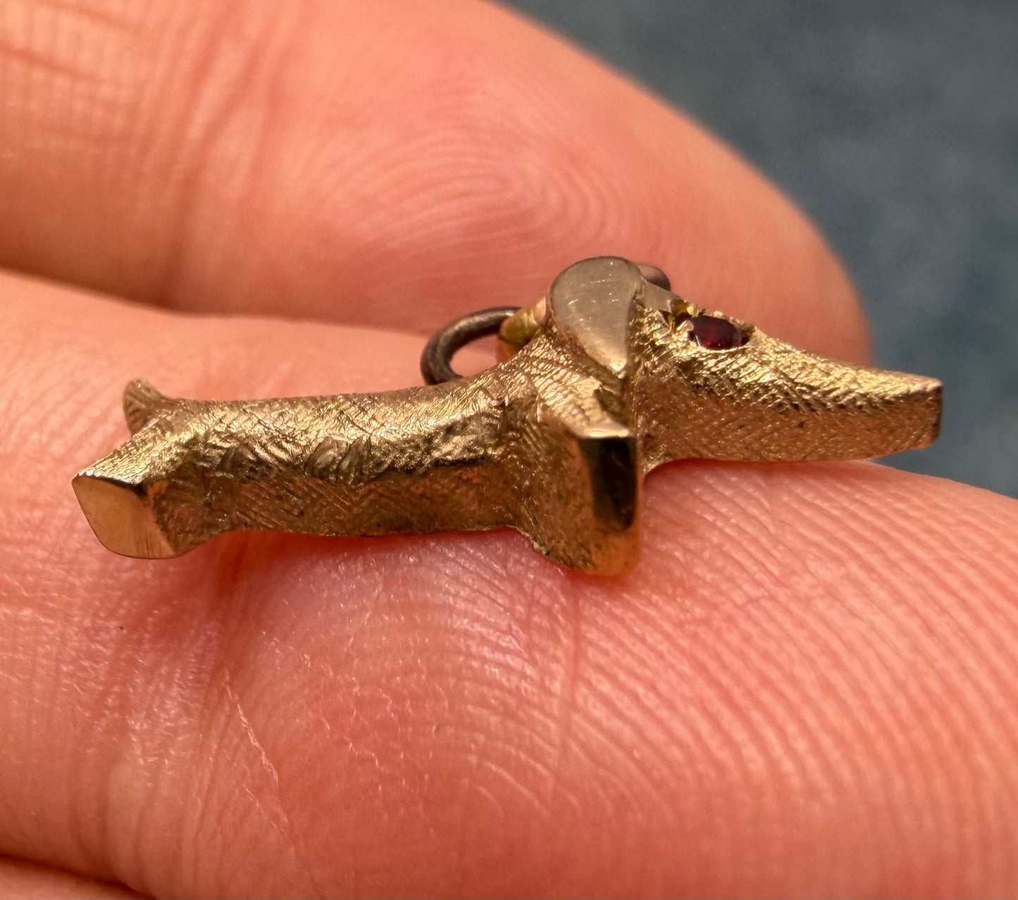 14k Yellow Gold Dachshund Wiener Dog Charm Pendant. 1950s Kitsch Cartoonish