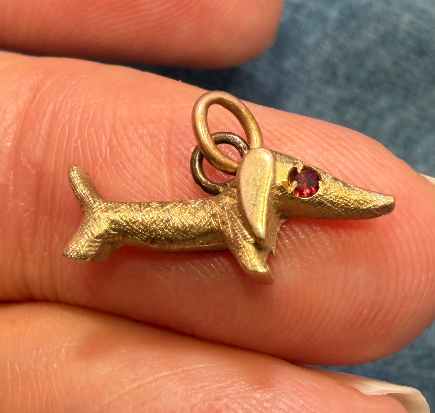 14k Yellow Gold Dachshund Wiener Dog Charm Pendant. 1950s Kitsch Cartoonish