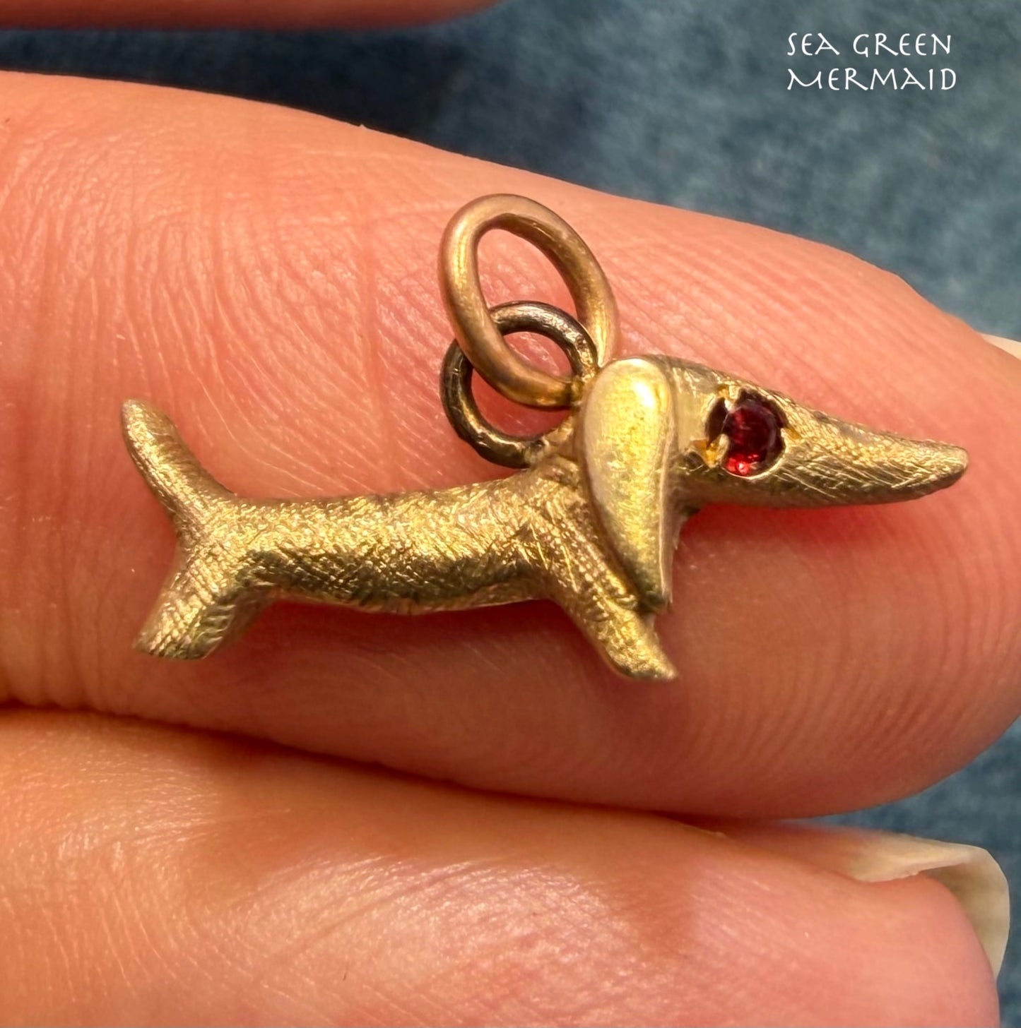 14k Yellow Gold Dachshund Wiener Dog Charm Pendant. 1950s Kitsch Cartoonish