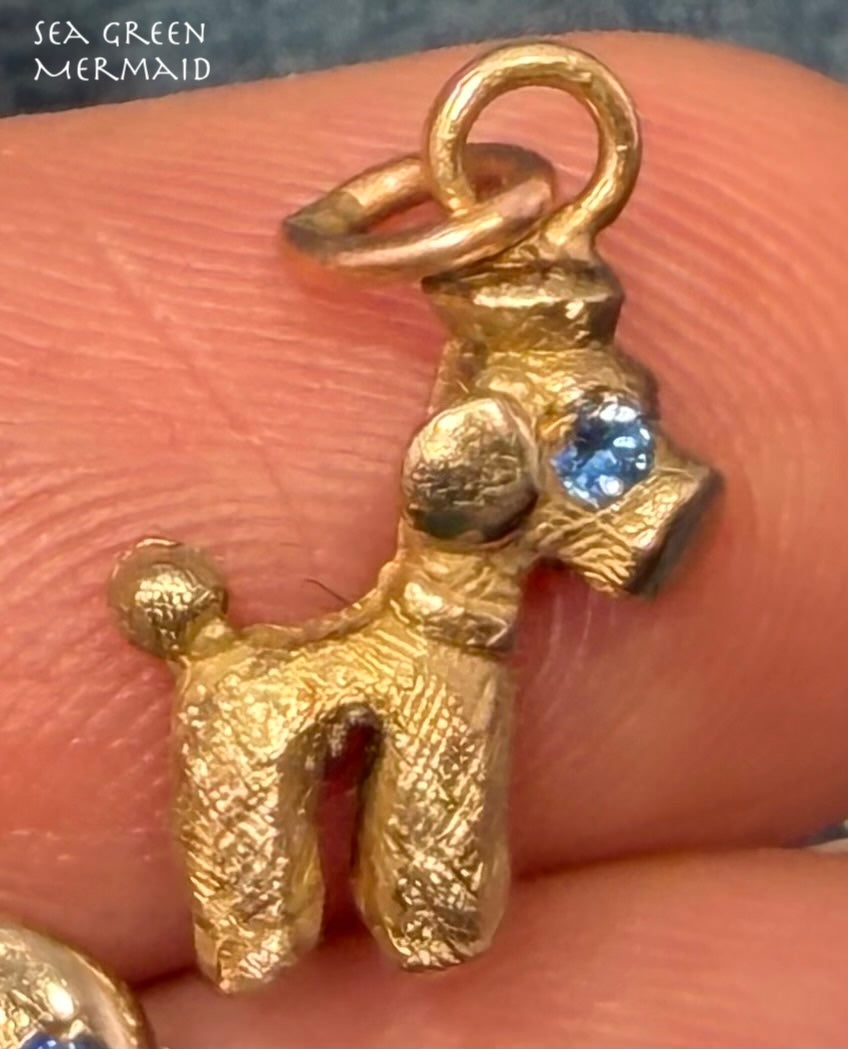 14k Yellow Gold Poodle Dog Charm Pendant. 1950s Kitsch Cartoonish