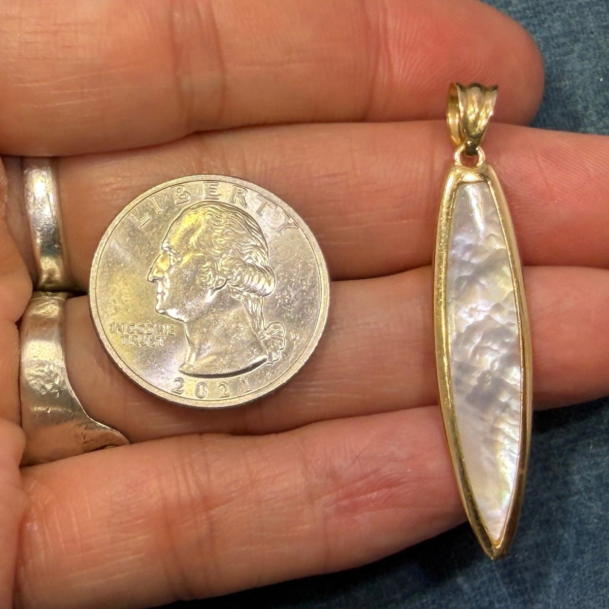 14k Gold 3D Surf Board Pendant w Fins. Mother of Pearl. 1.7" *Video*