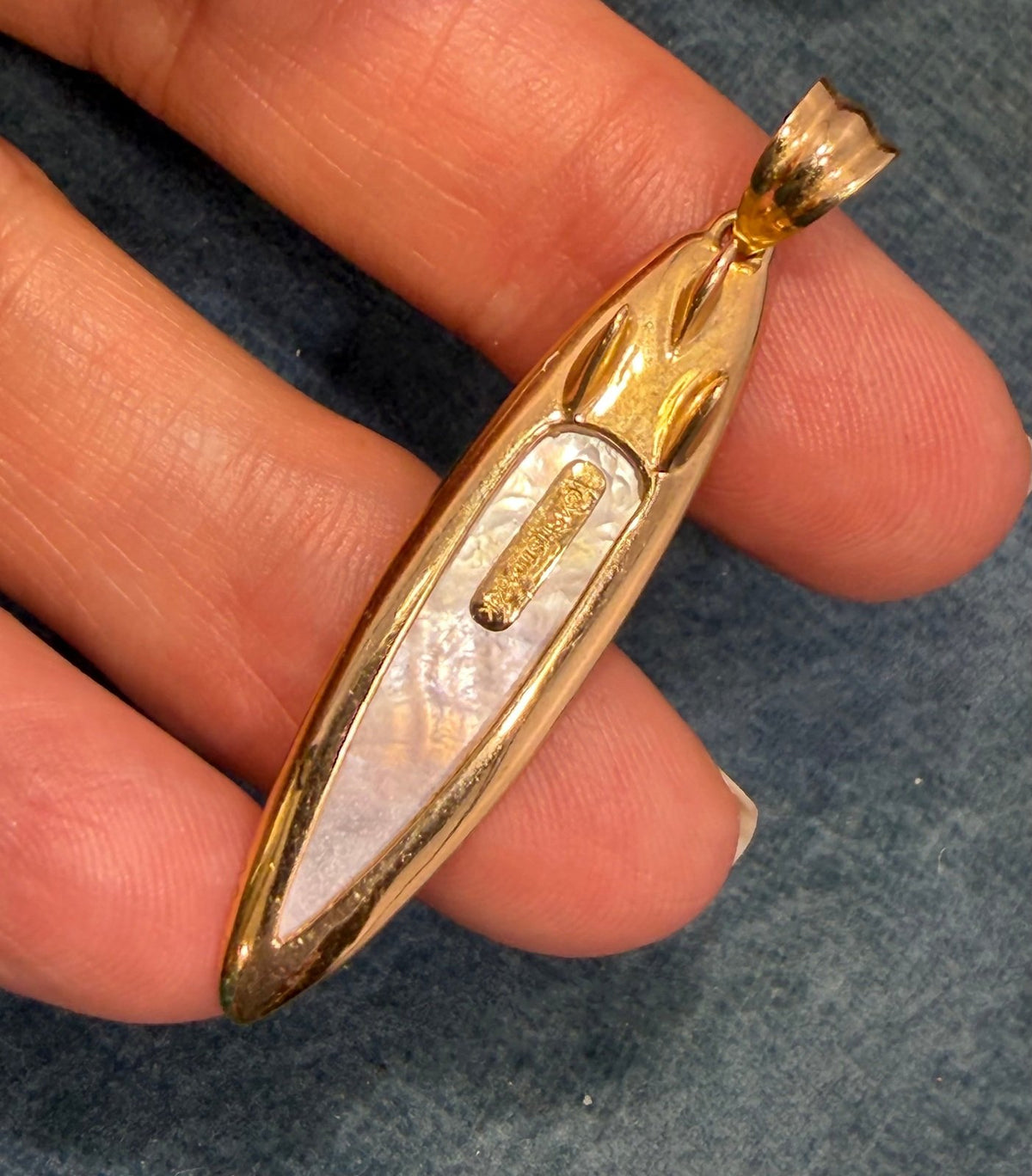 14k Gold 3D Surf Board Pendant w Fins. Mother of Pearl. 1.7" *Video*