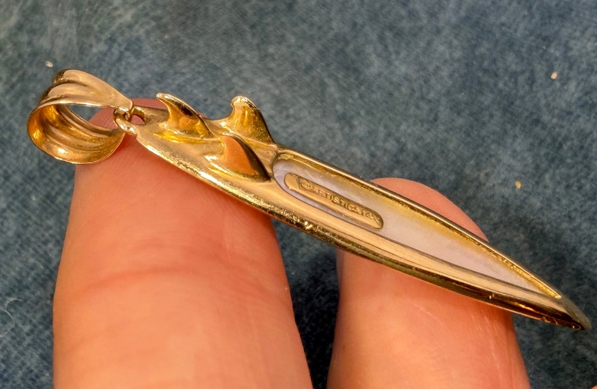14k Gold 3D Surf Board Pendant w Fins. Mother of Pearl. 1.7" *Video*