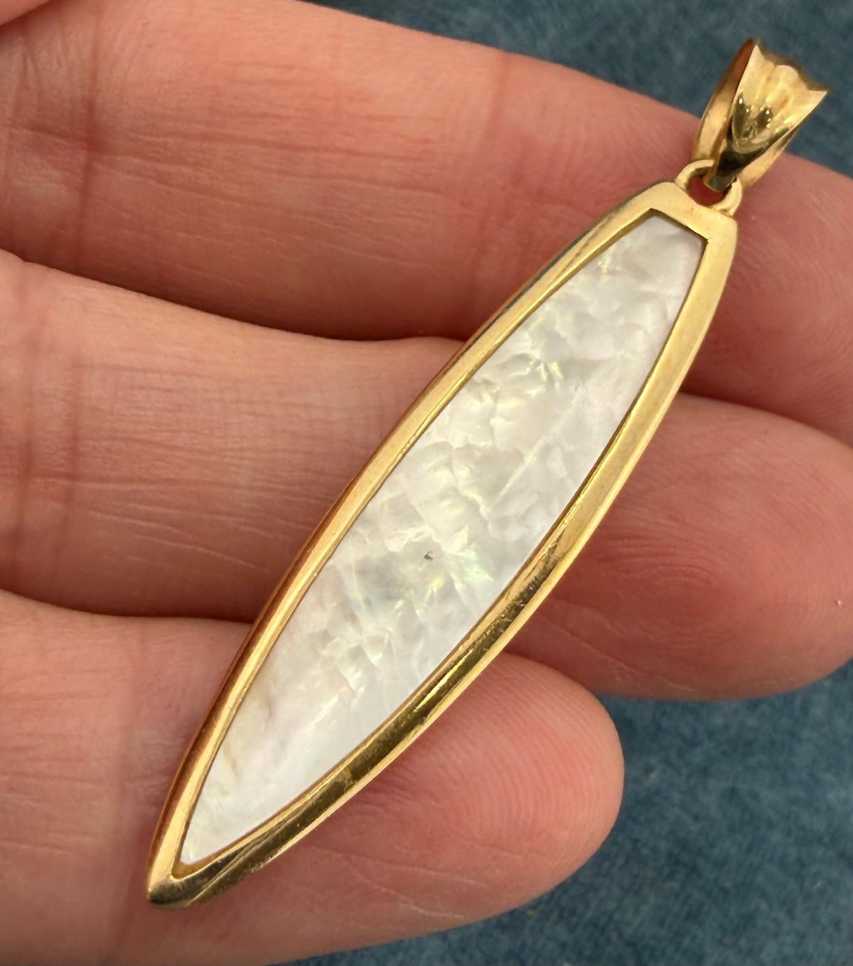 14k Gold 3D Surf Board Pendant w Fins. Mother of Pearl. 1.7" *Video*