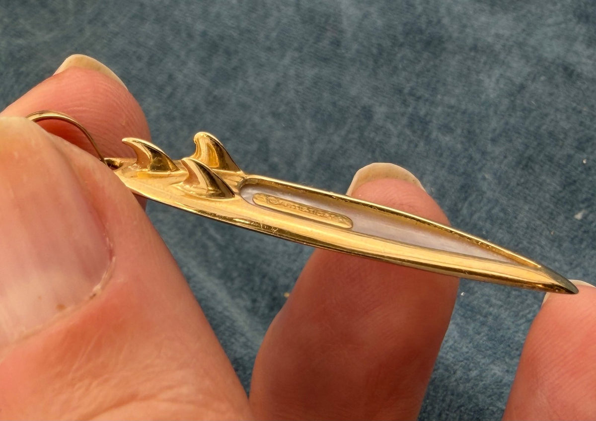 14k Gold 3D Surf Board Pendant w Fins. Mother of Pearl. 1.7" *Video*