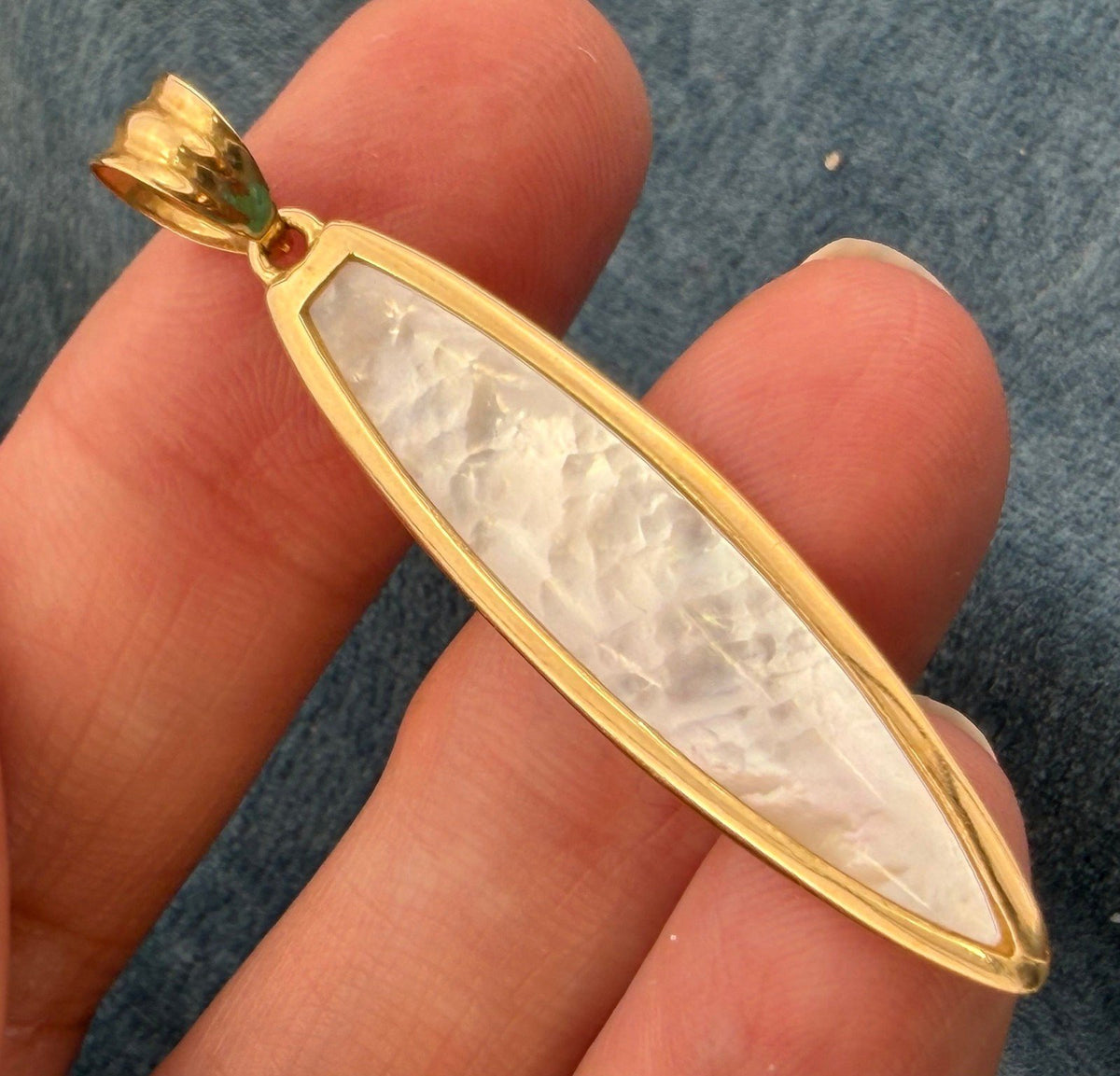 14k Gold 3D Surf Board Pendant w Fins. Mother of Pearl. 1.7" *Video*
