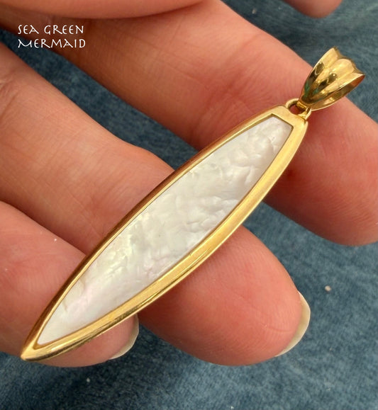 14k Gold 3D Surf Board Pendant w Fins. Mother of Pearl. 1.7" *Video*