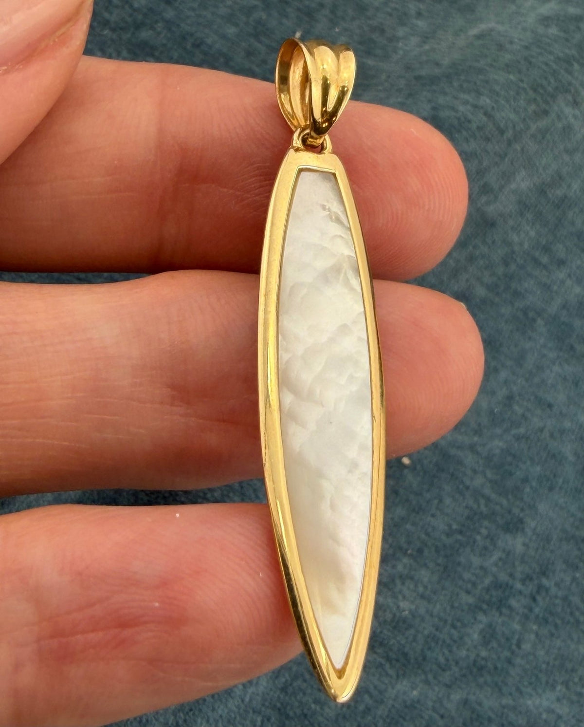 14k Gold 3D Surf Board Pendant w Fins. Mother of Pearl. 1.7" *Video*