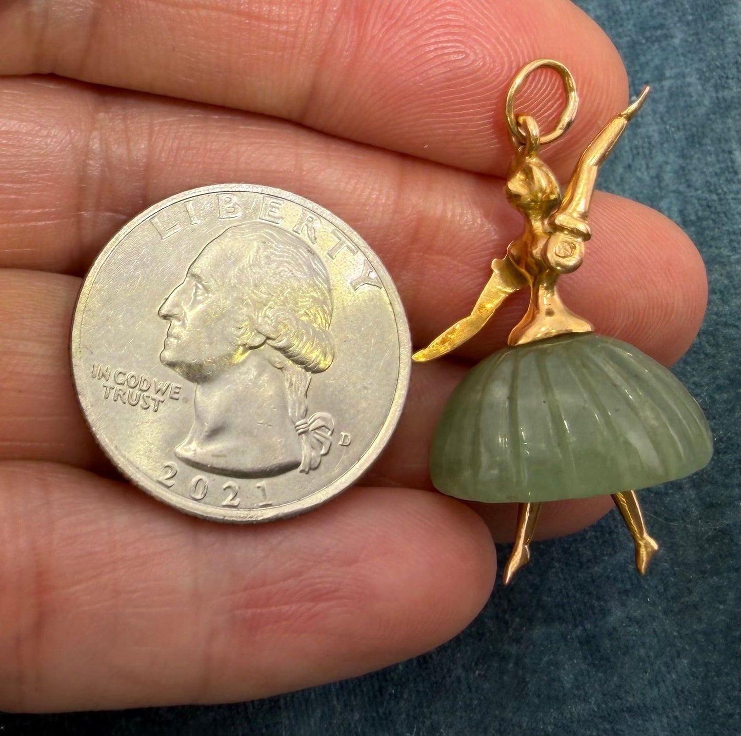 14k Gold Dancer Ballerina w TuTu Pendant + Moving Arms. 1.4" 6.7g