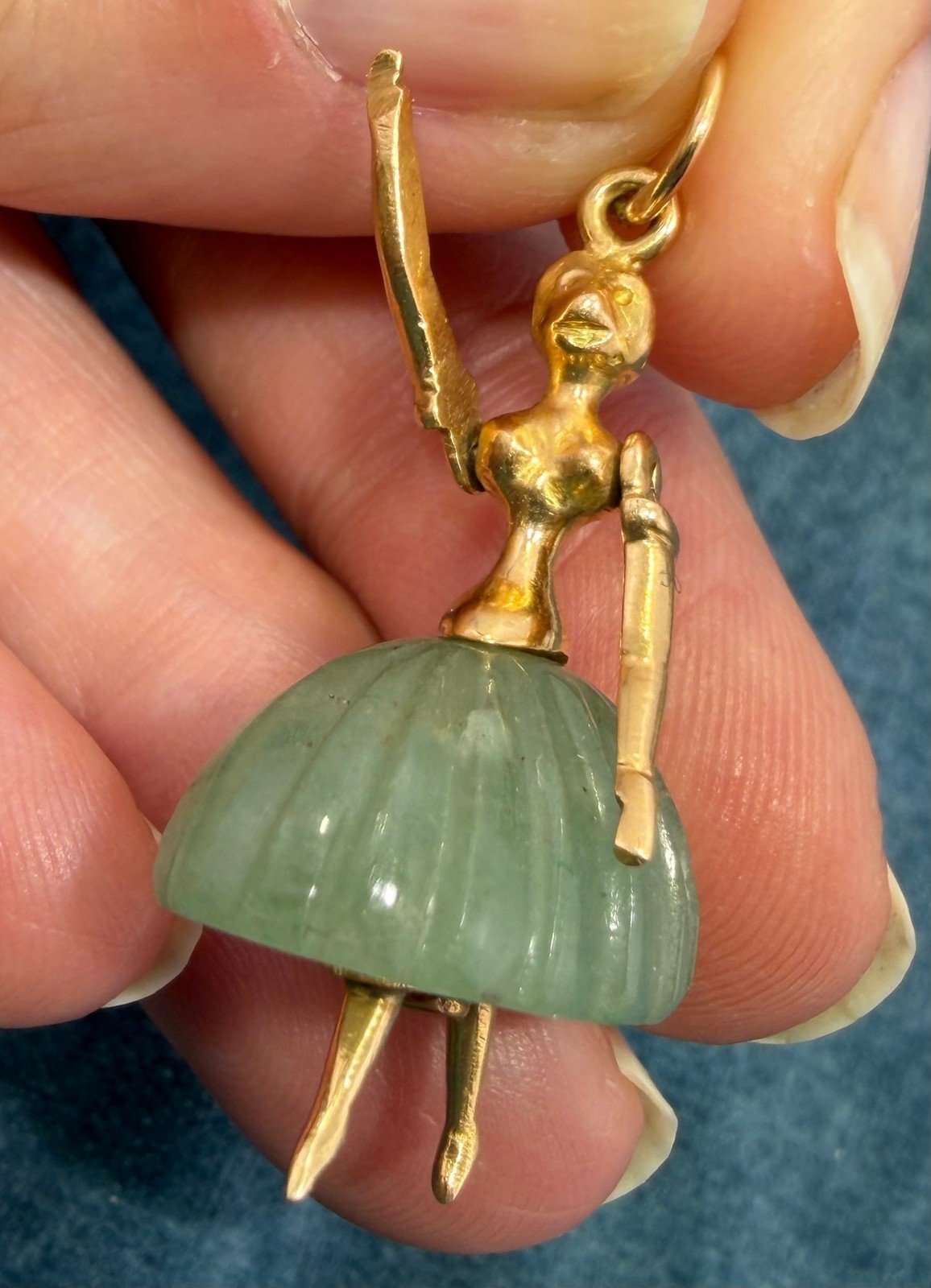 14k Gold Dancer Ballerina w TuTu Pendant + Moving Arms. 1.4" 6.7g