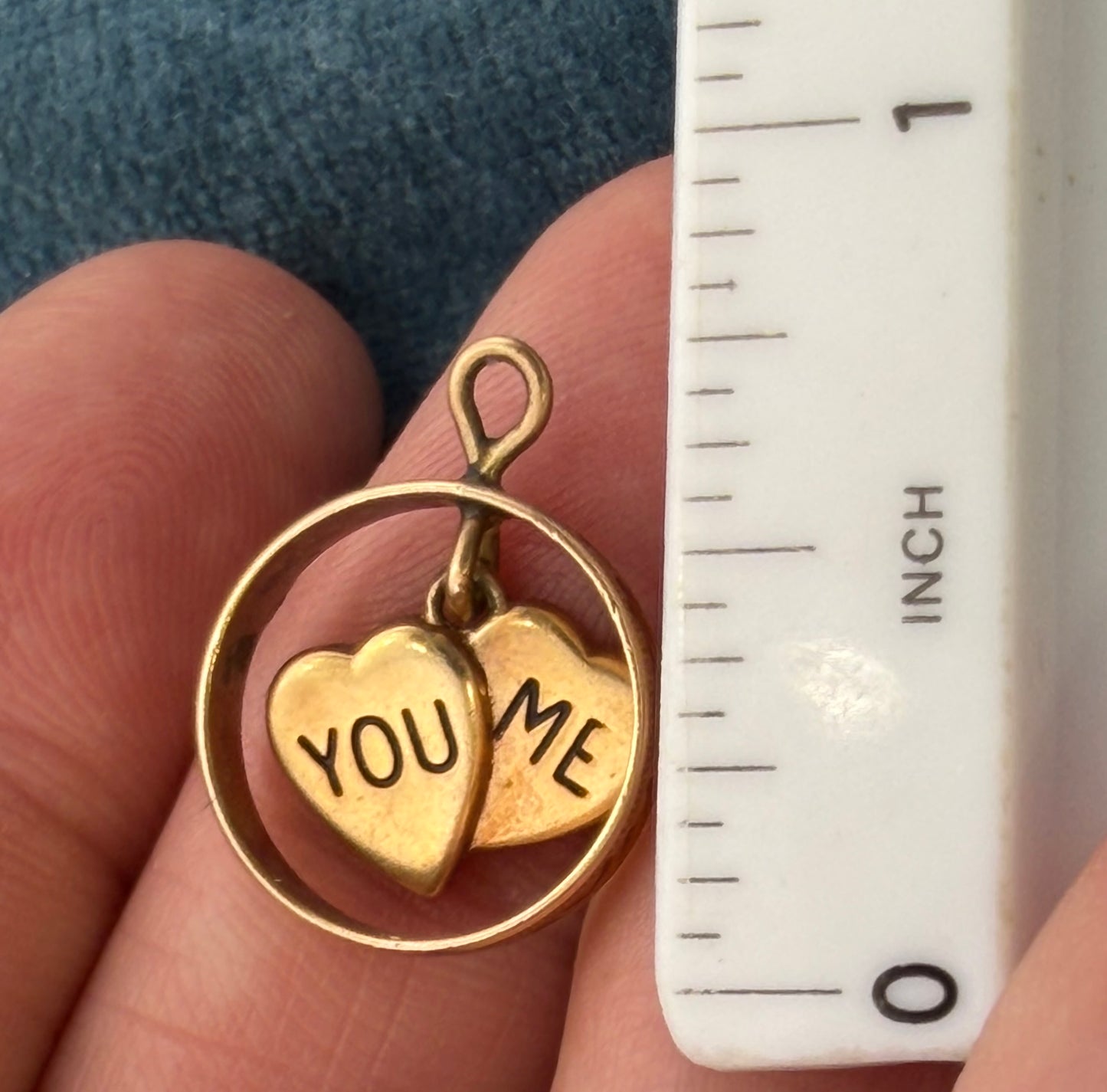 14k Yellow Gold 2 Hearts Sweethearts Circle Pendant "You & Me"