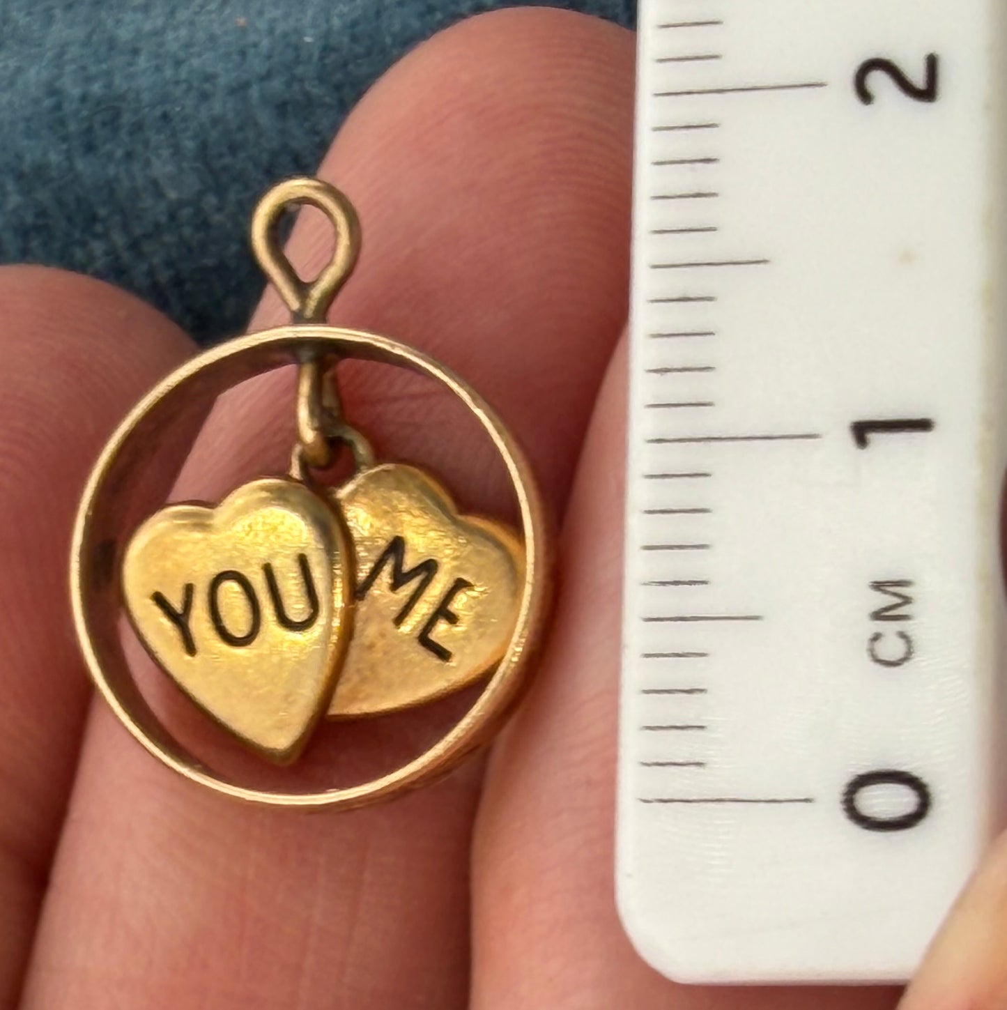 14k Yellow Gold 2 Hearts Sweethearts Circle Pendant "You & Me"