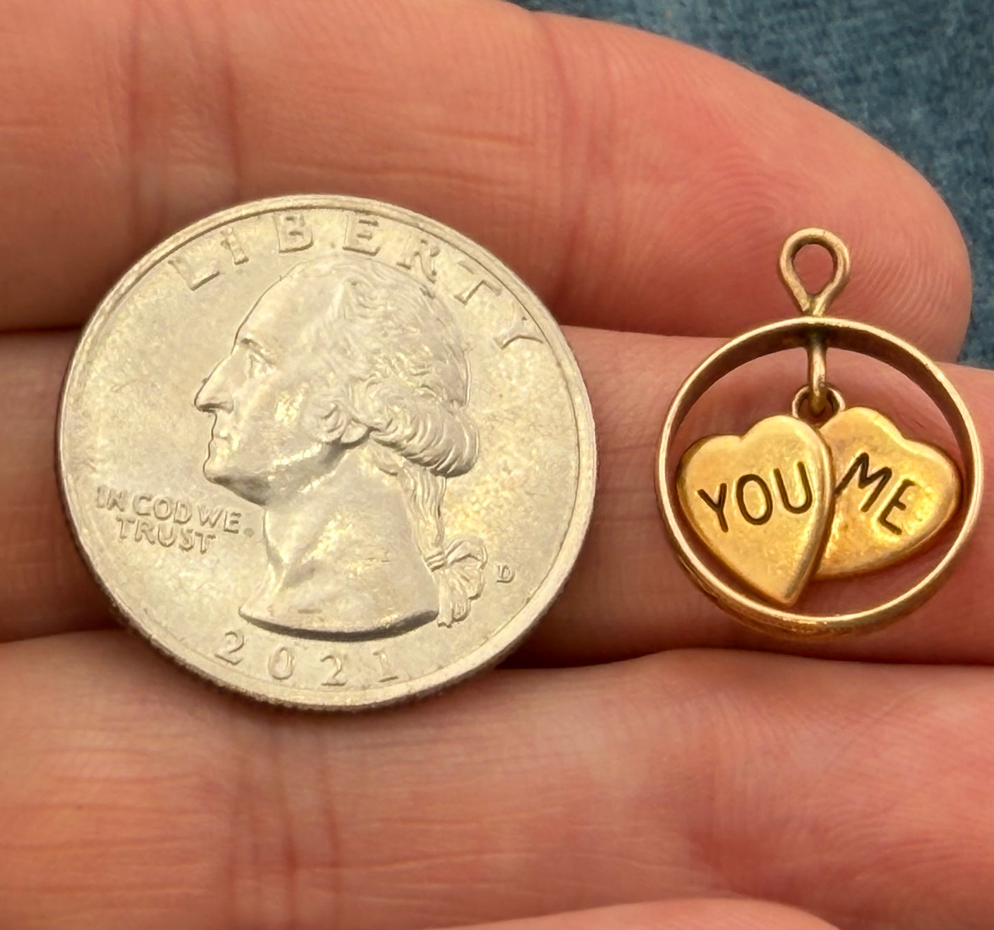 14k Yellow Gold 2 Hearts Sweethearts Circle Pendant "You & Me"