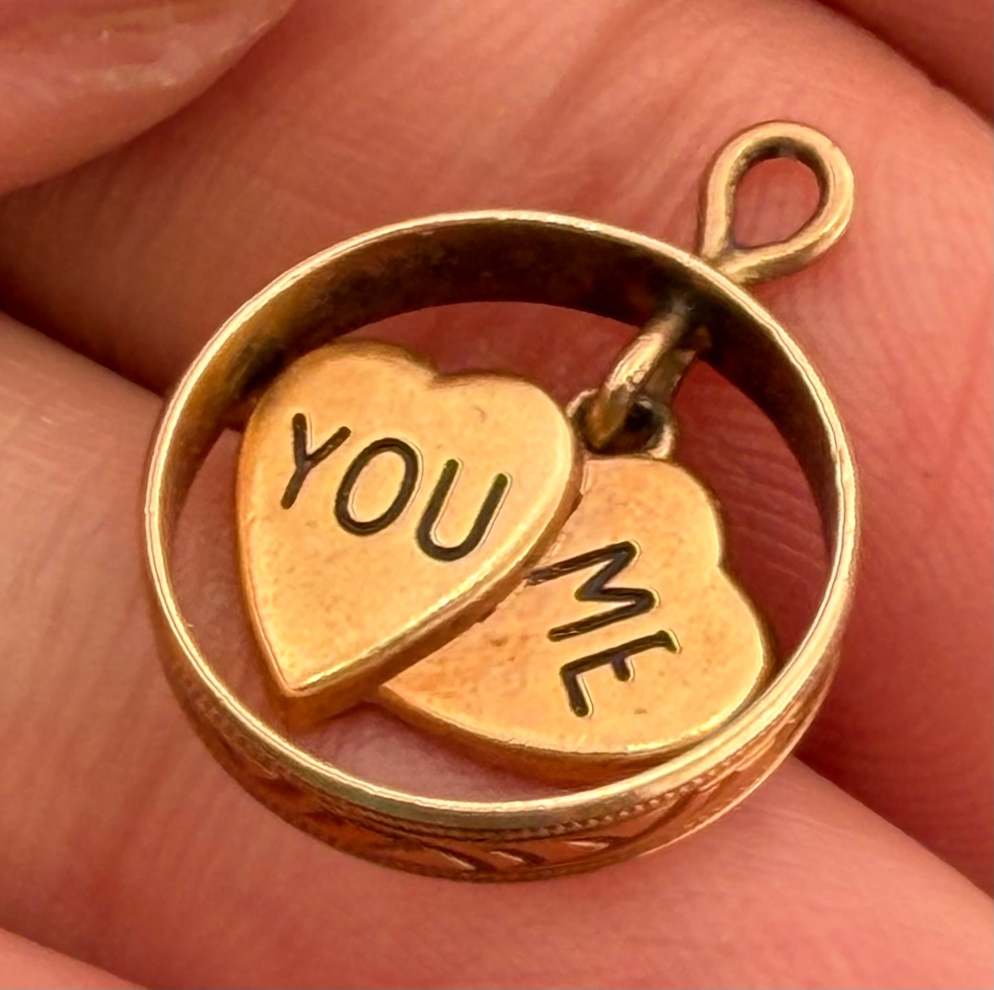 14k Yellow Gold 2 Hearts Sweethearts Circle Pendant "You & Me"