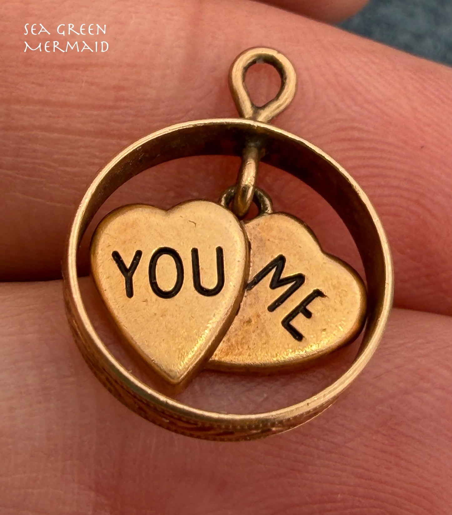 14k Yellow Gold 2 Hearts Sweethearts Circle Pendant "You & Me"