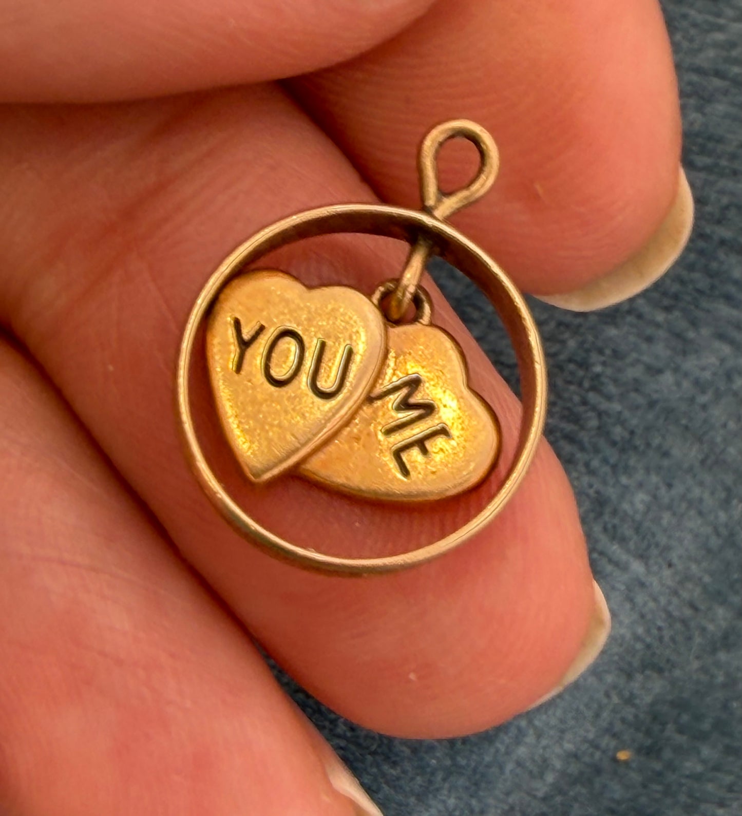 14k Yellow Gold 2 Hearts Sweethearts Circle Pendant "You & Me"