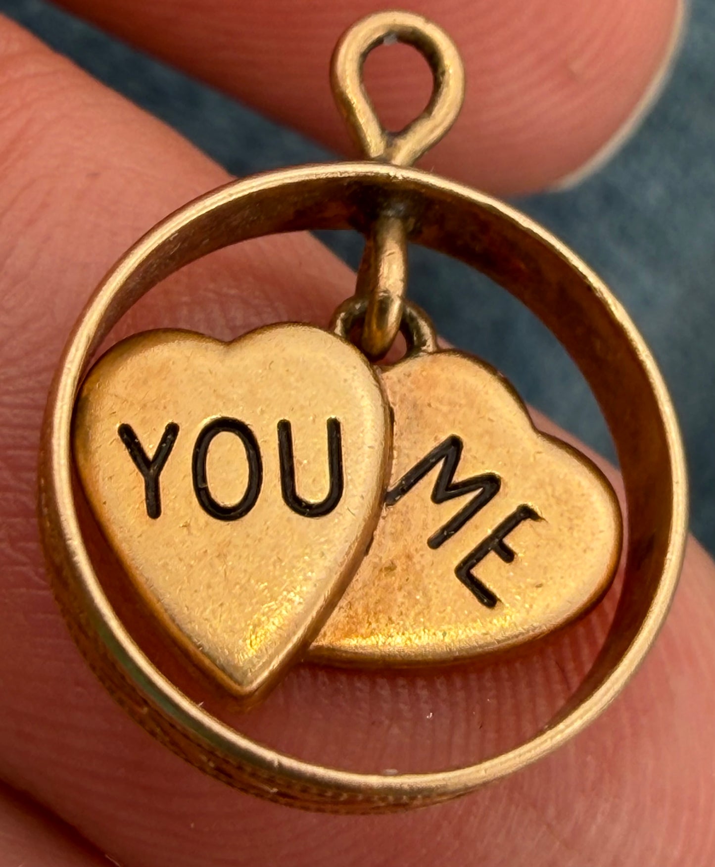 14k Yellow Gold 2 Hearts Sweethearts Circle Pendant "You & Me"