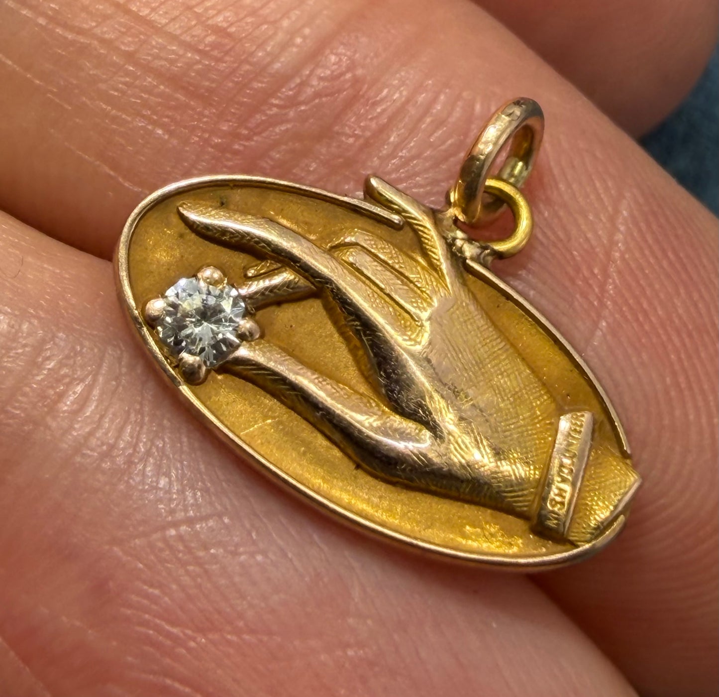 10k Yellow Gold & Diamond Antique HAND Oval Pendant. O C Tanner