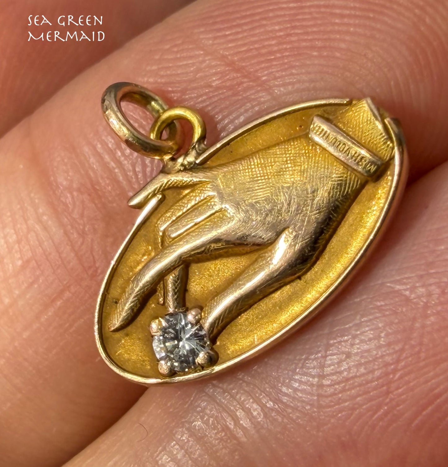 10k Yellow Gold & Diamond Antique HAND Oval Pendant. O C Tanner