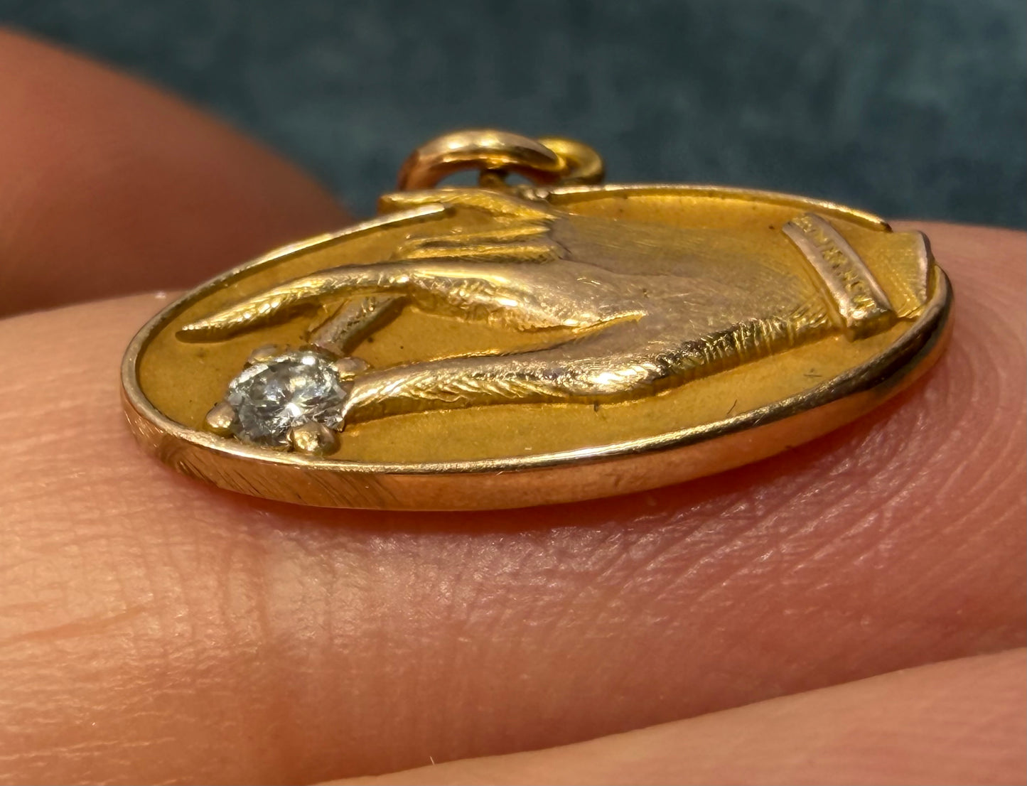 10k Yellow Gold & Diamond Antique HAND Oval Pendant. O C Tanner