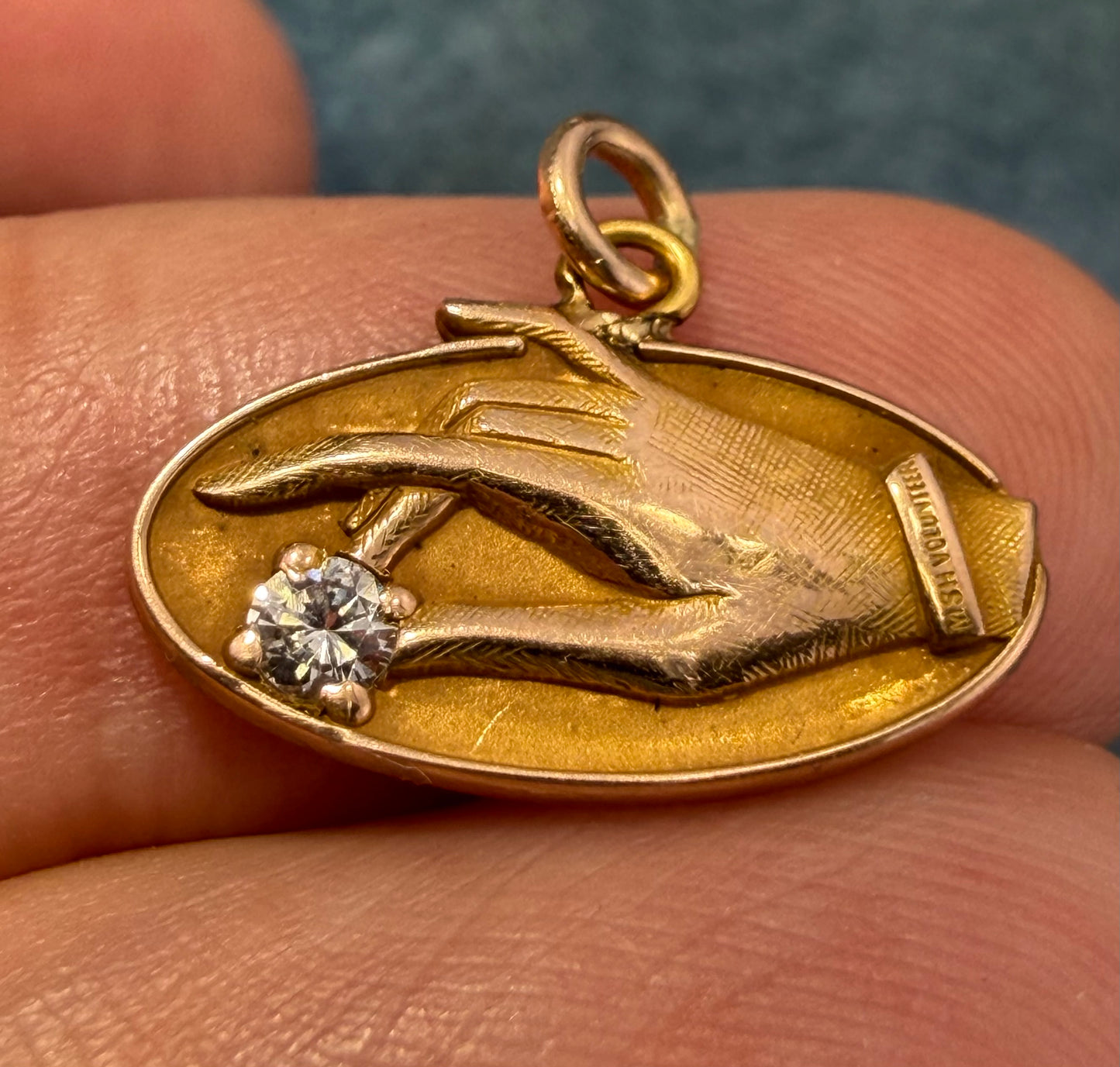 10k Yellow Gold & Diamond Antique HAND Oval Pendant. O C Tanner