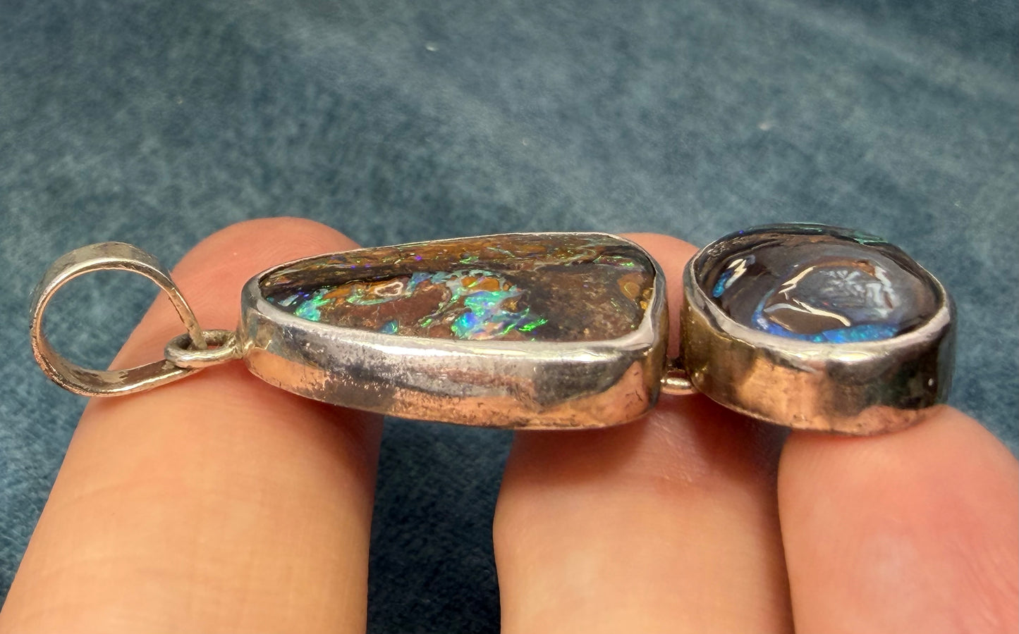 Australian Boulder Koroit 2 Opal Pendant in Silver.  1.9" + 9g *Video*