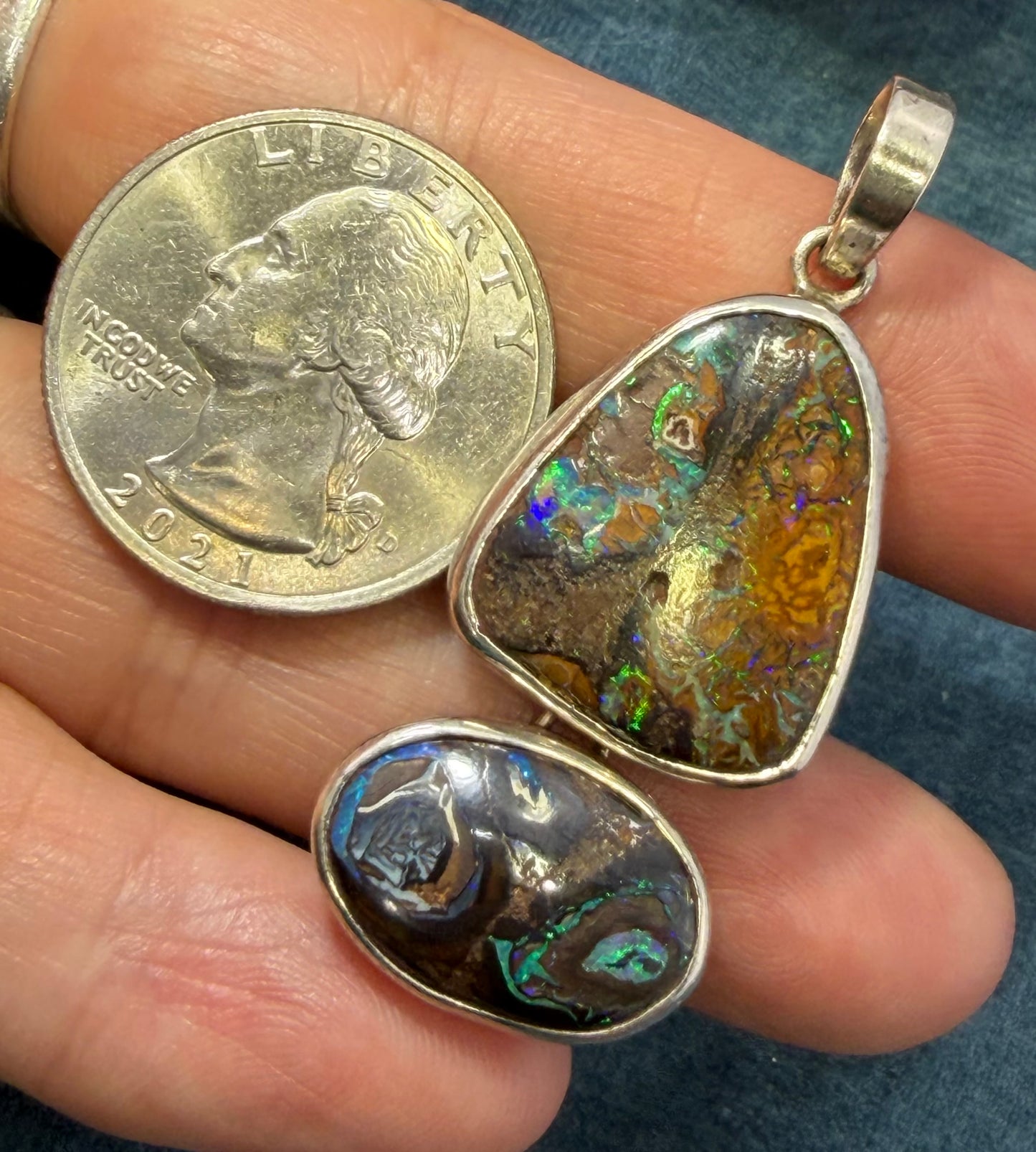 Australian Boulder Koroit 2 Opal Pendant in Silver.  1.9" + 9g *Video*