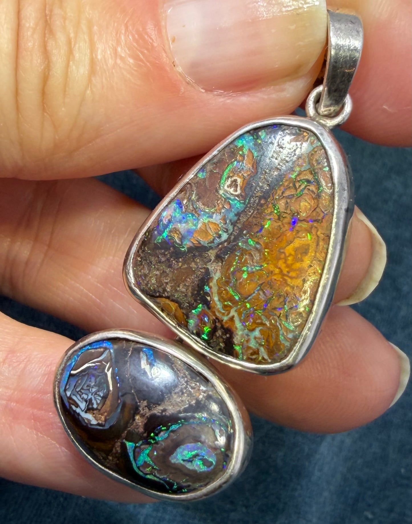 Australian Boulder Koroit 2 Opal Pendant in Silver.  1.9" + 9g *Video*