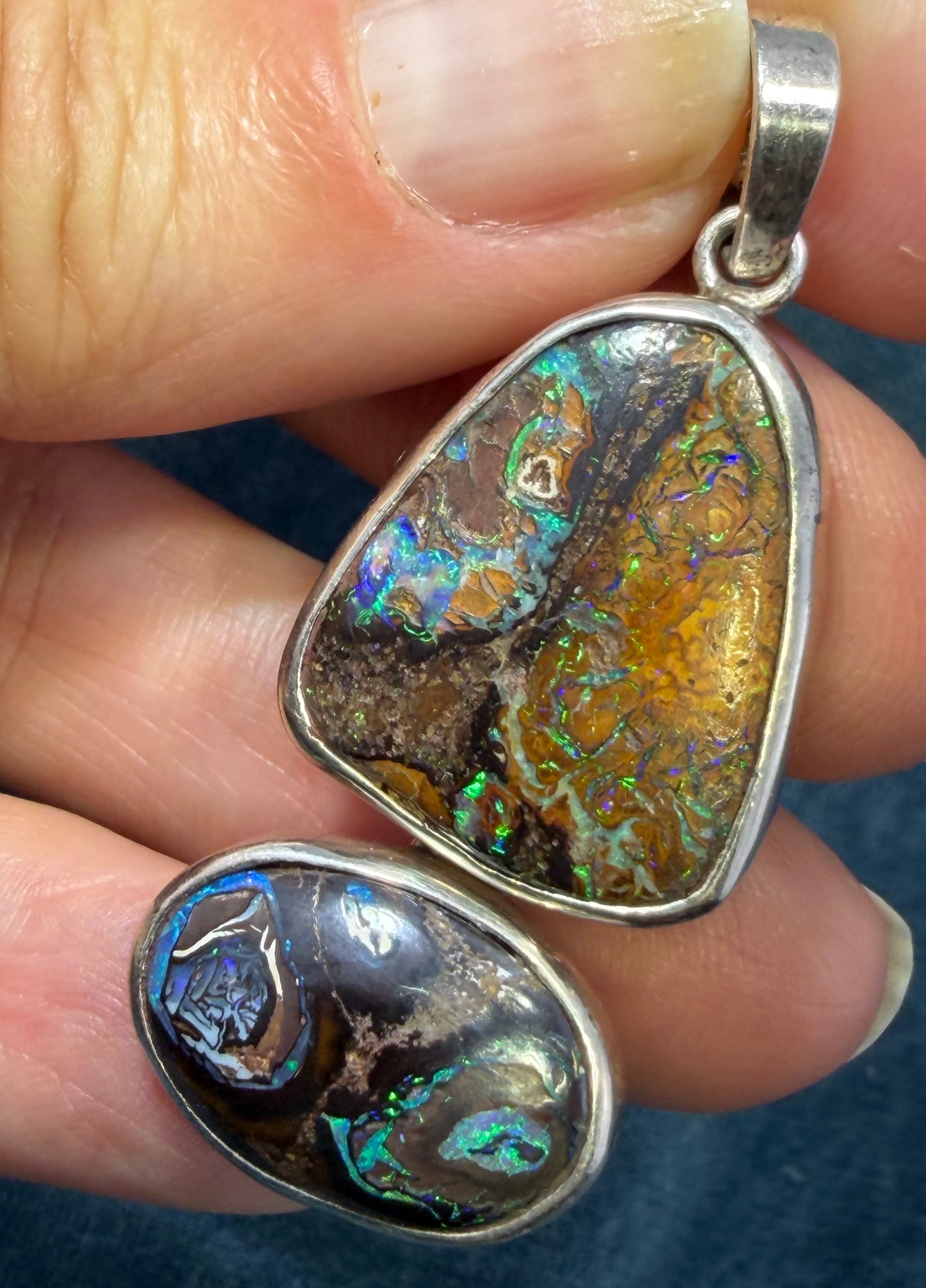 Australian Boulder Koroit 2 Opal Pendant in Silver.  1.9" + 9g *Video*