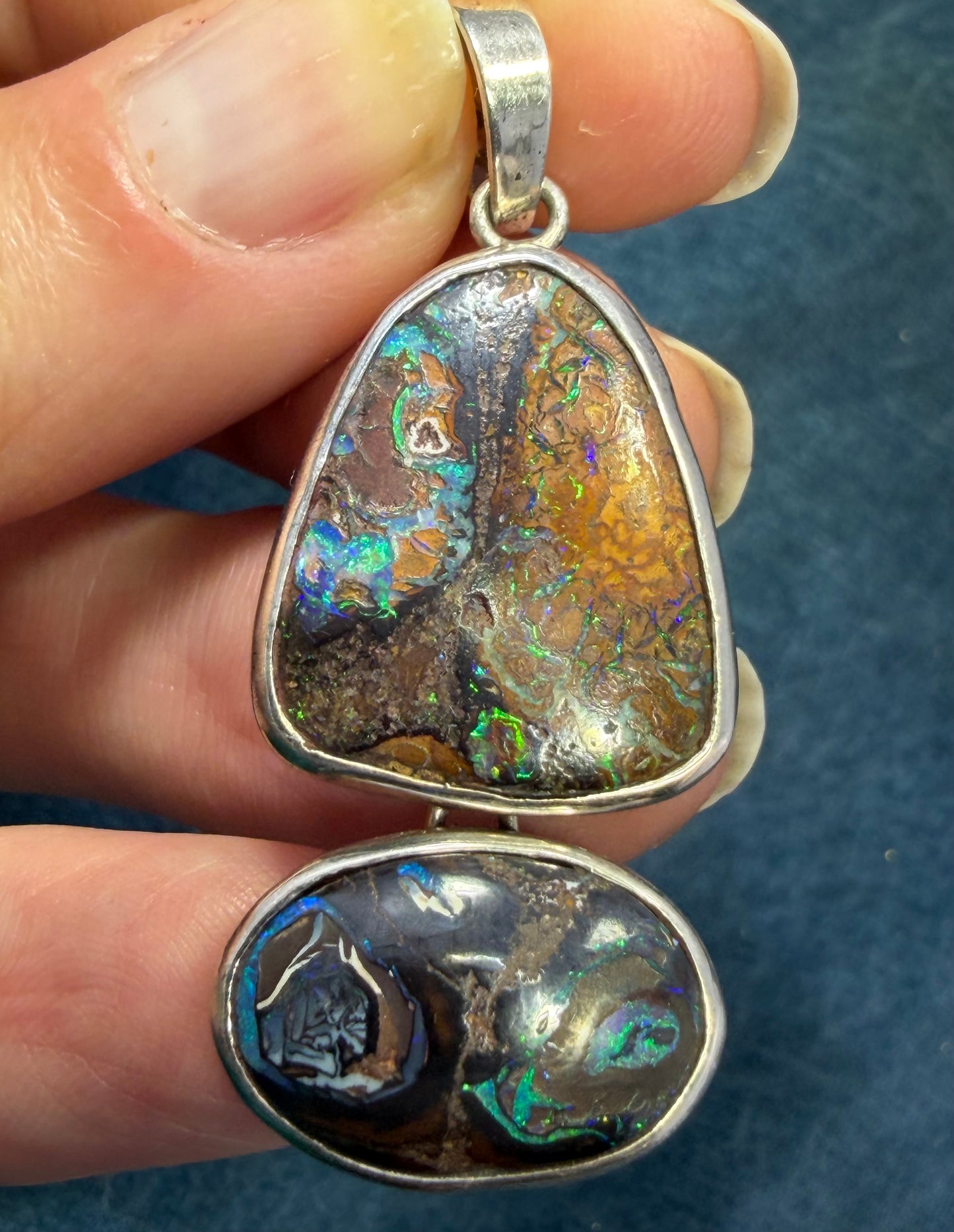 Australian Boulder Koroit 2 Opal Pendant in Silver.  1.9" + 9g *Video*