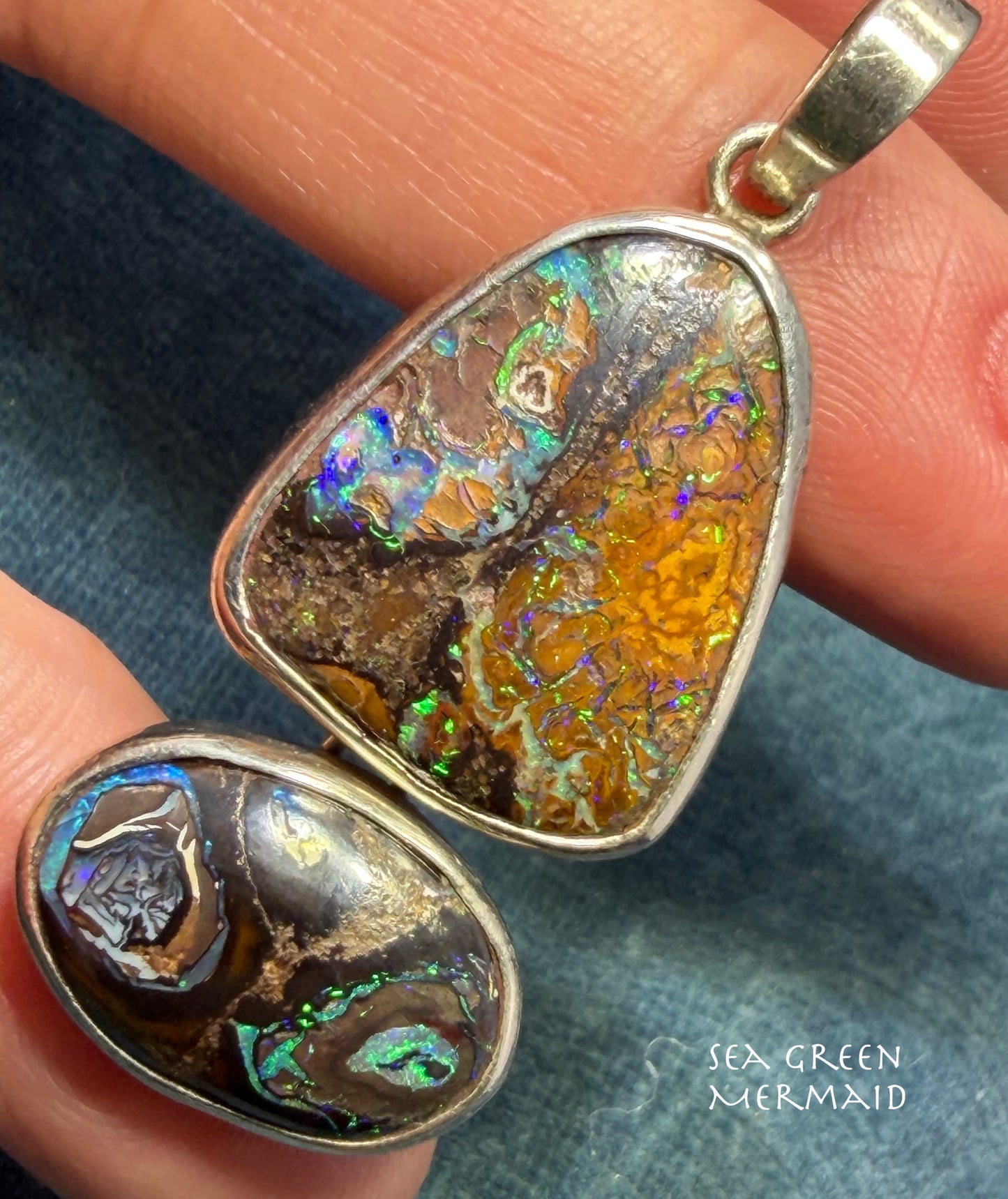 Australian Boulder Koroit 2 Opal Pendant in Silver.  1.9" + 9g *Video*