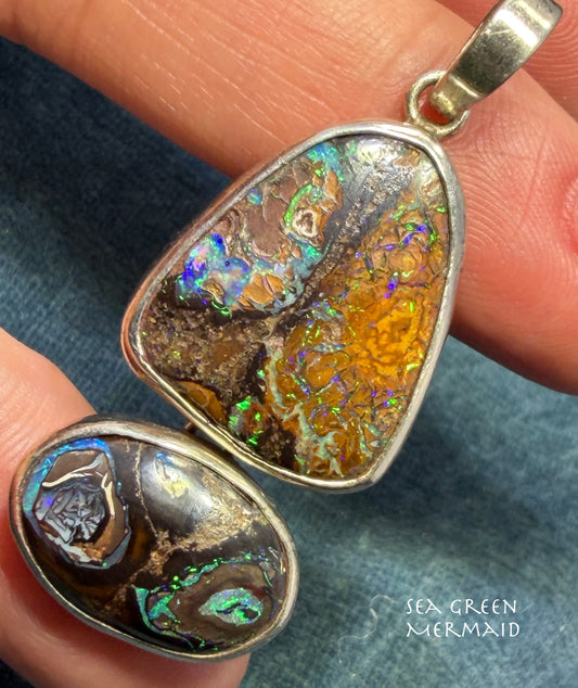 Australian Boulder Koroit 2 Opal Pendant in Silver.  1.9" + 9g *Video*