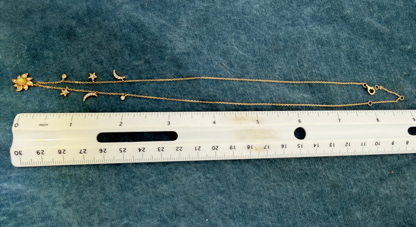 10k Gold Diamond + Opal Sun Moon Stars Pendants on 10k Necklace. TINY