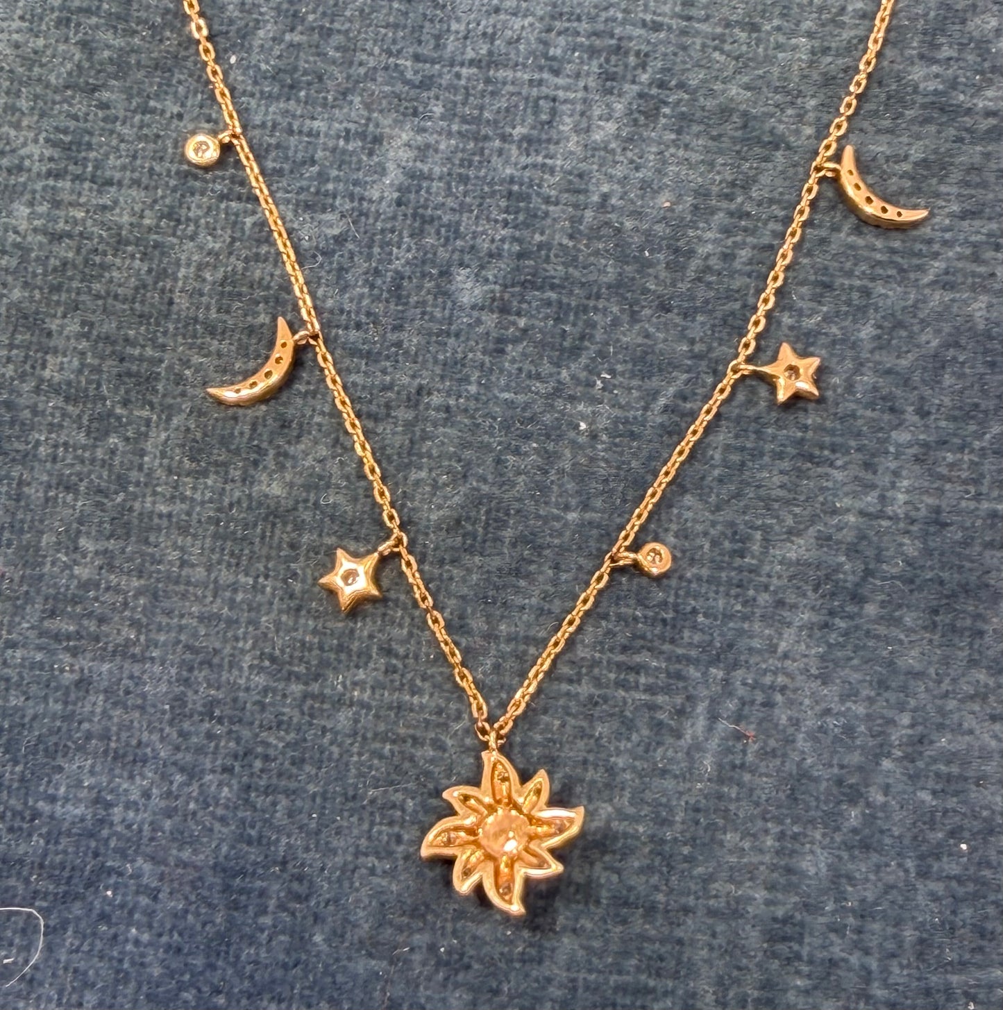 10k Gold Diamond + Opal Sun Moon Stars Pendants on 10k Necklace. TINY