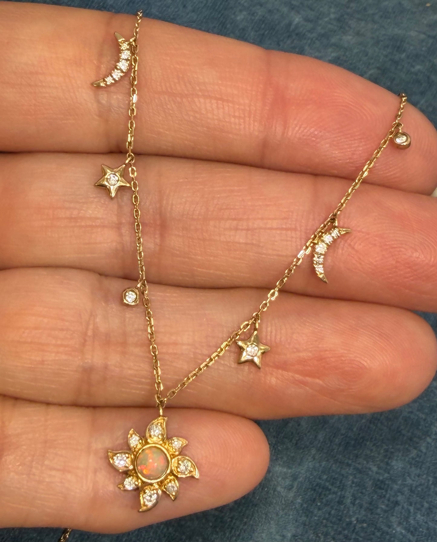 10k Gold Diamond + Opal Sun Moon Stars Pendants on 10k Necklace. TINY