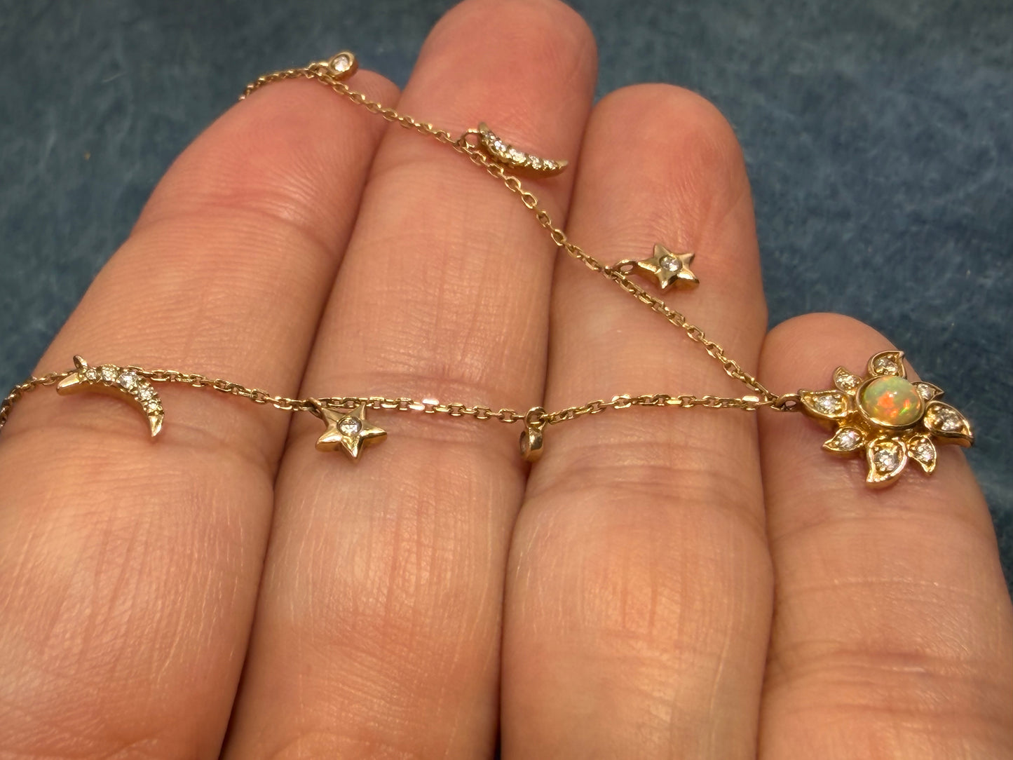 10k Gold Diamond + Opal Sun Moon Stars Pendants on 10k Necklace. TINY