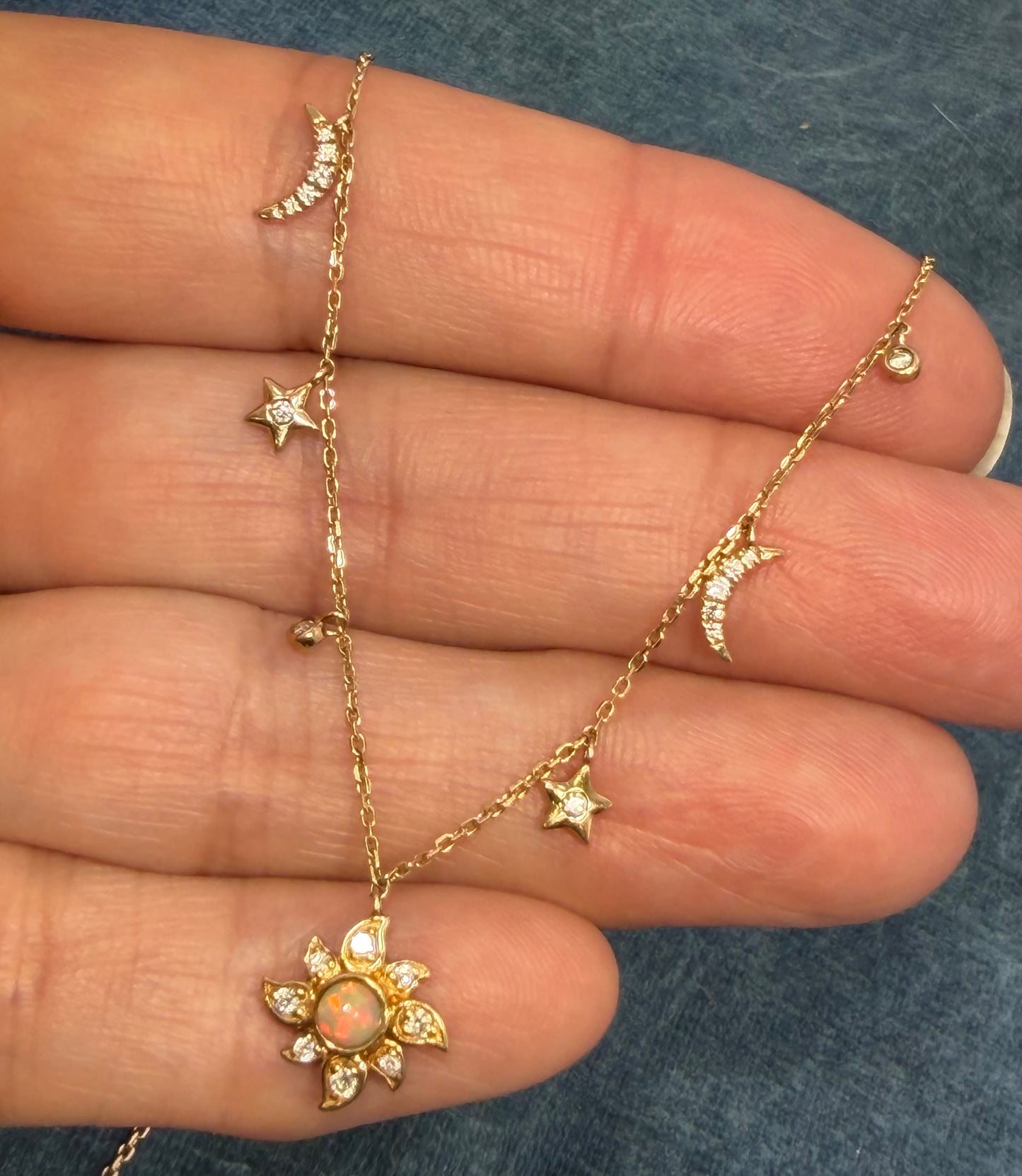 10k Gold Diamond + Opal Sun Moon Stars Pendants on 10k Necklace. TINY