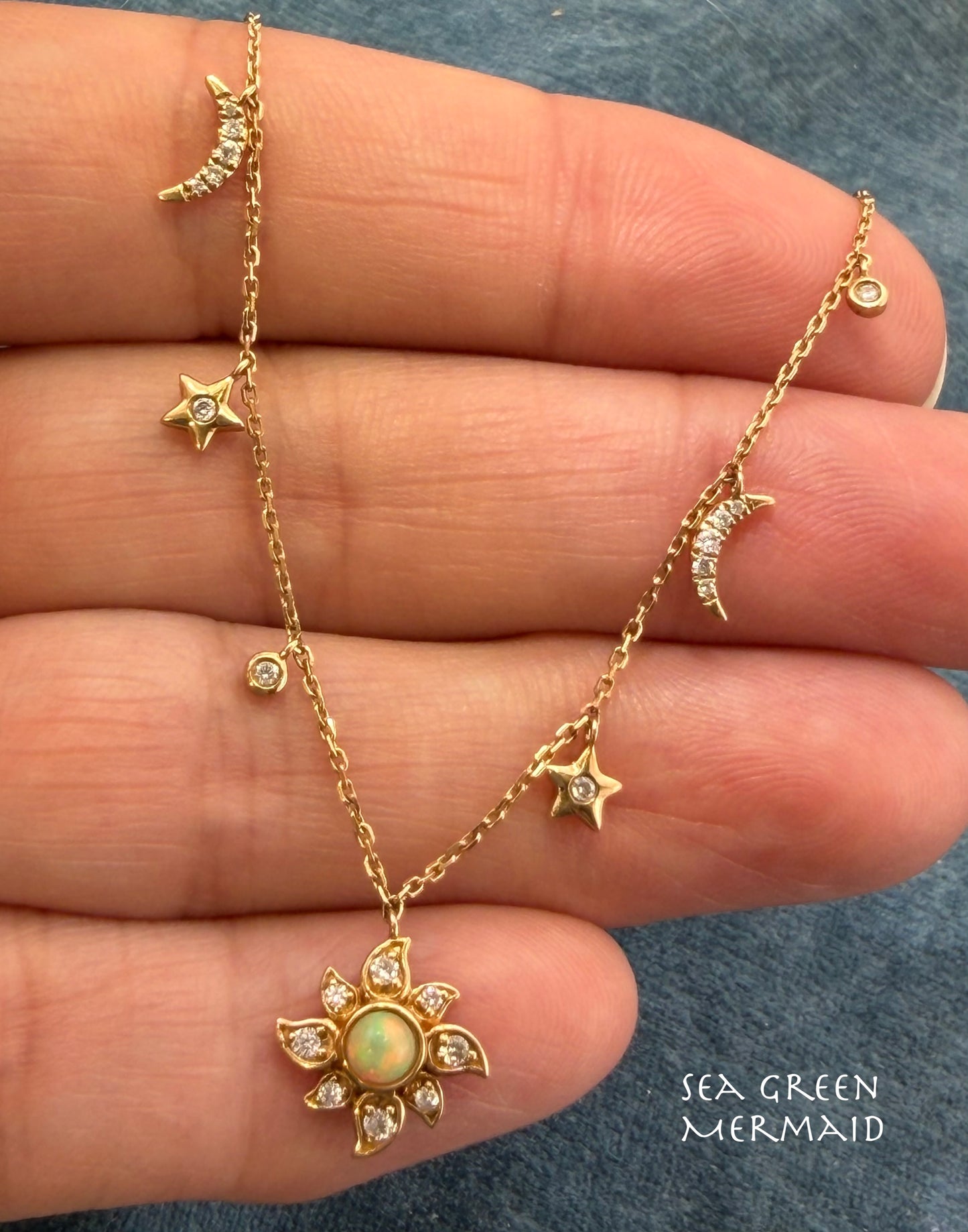 10k Gold Diamond + Opal Sun Moon Stars Pendants on 10k Necklace. TINY